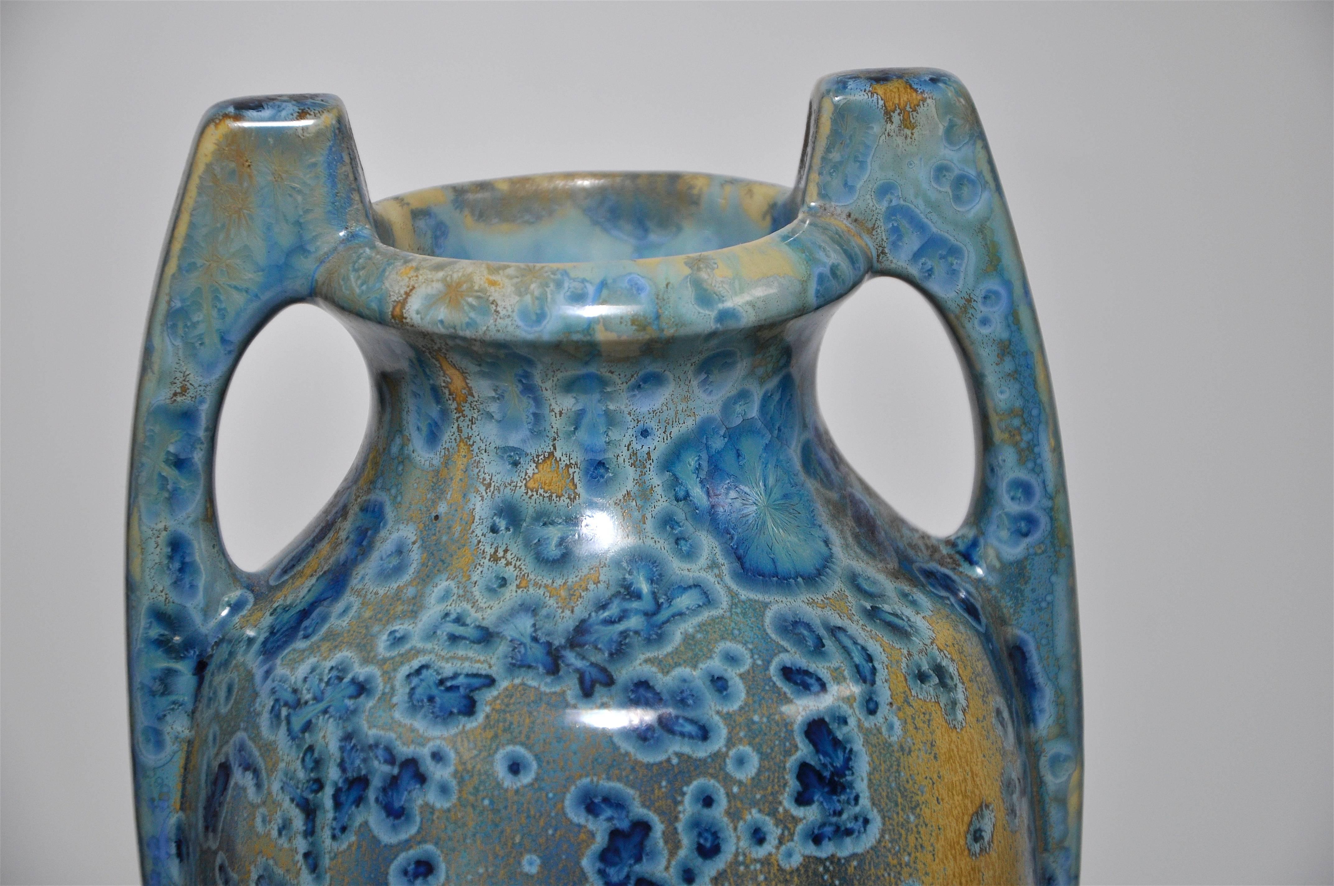 Large Pair of Spectacular French Art Nouveau Crystalline Glaze Blue Antique Pots 4