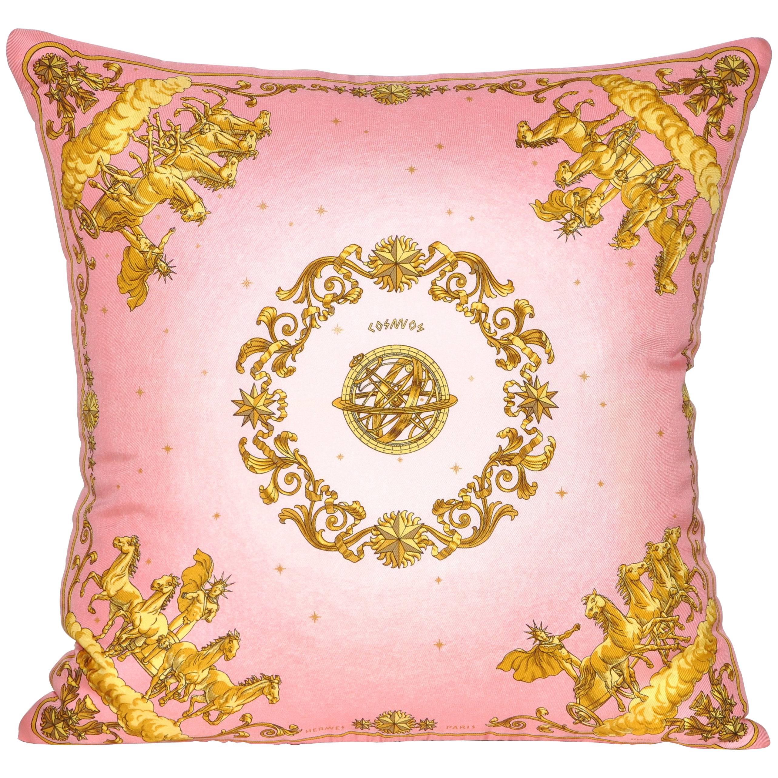 Vintage Hermes Pink and Gold Silk Fabric and Irish Linen Cushion Pillow For Sale