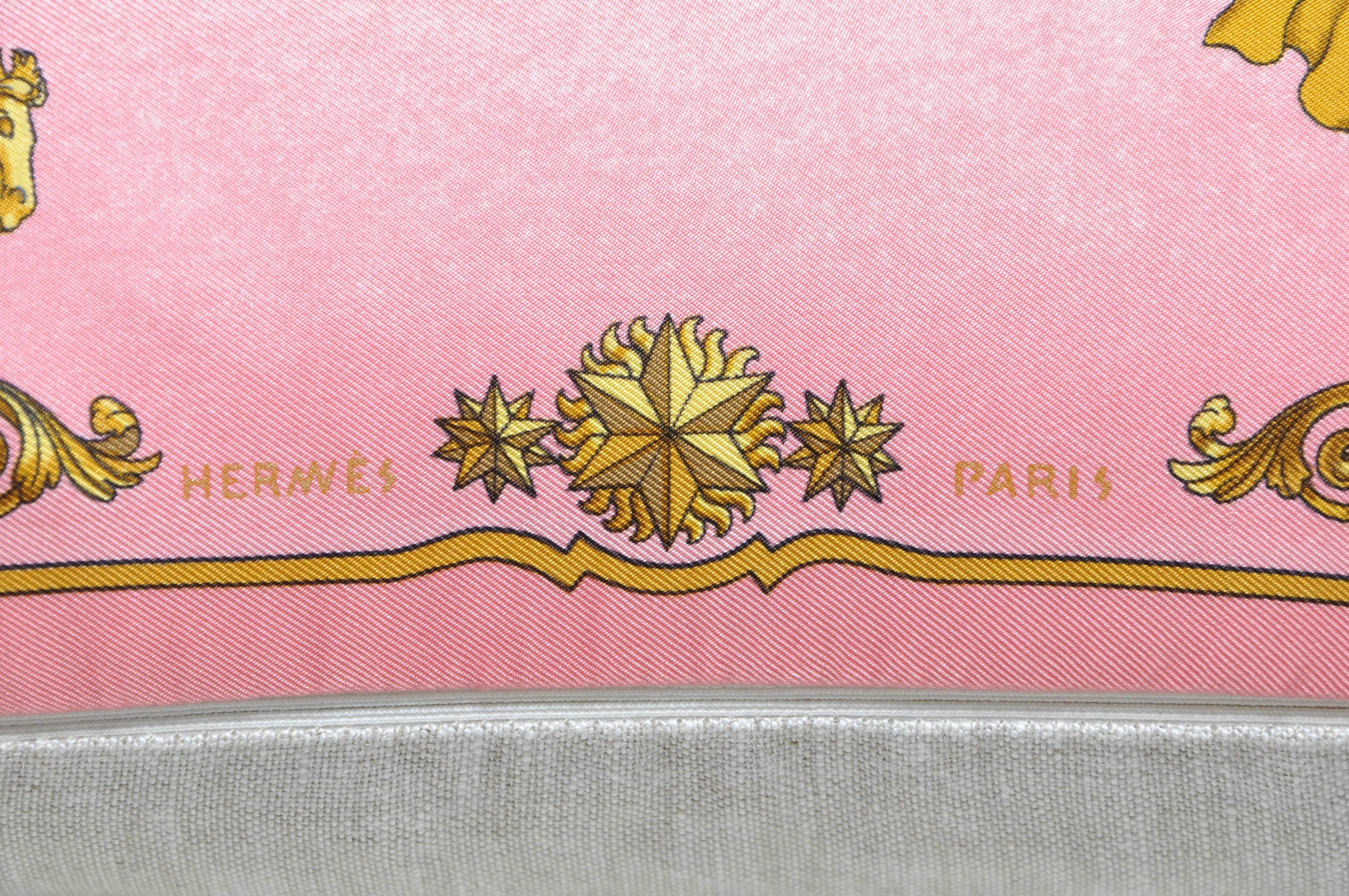 Empire Vintage Hermes Pink and Gold Silk Fabric and Irish Linen Cushion Pillow For Sale