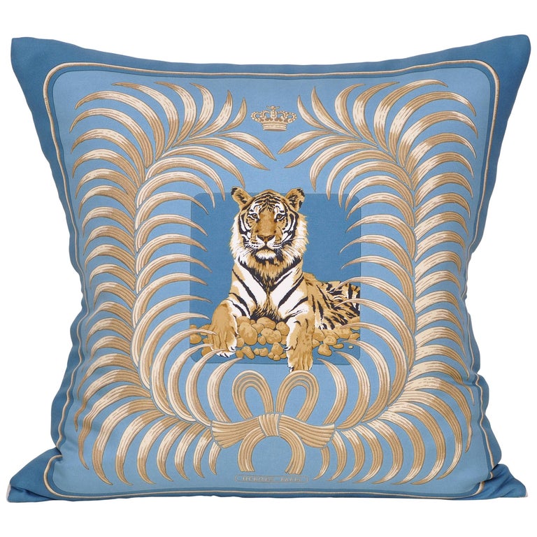 Vintage Hermes Blue Gold Tiger Silk Fabric and Irish Linen Cushion