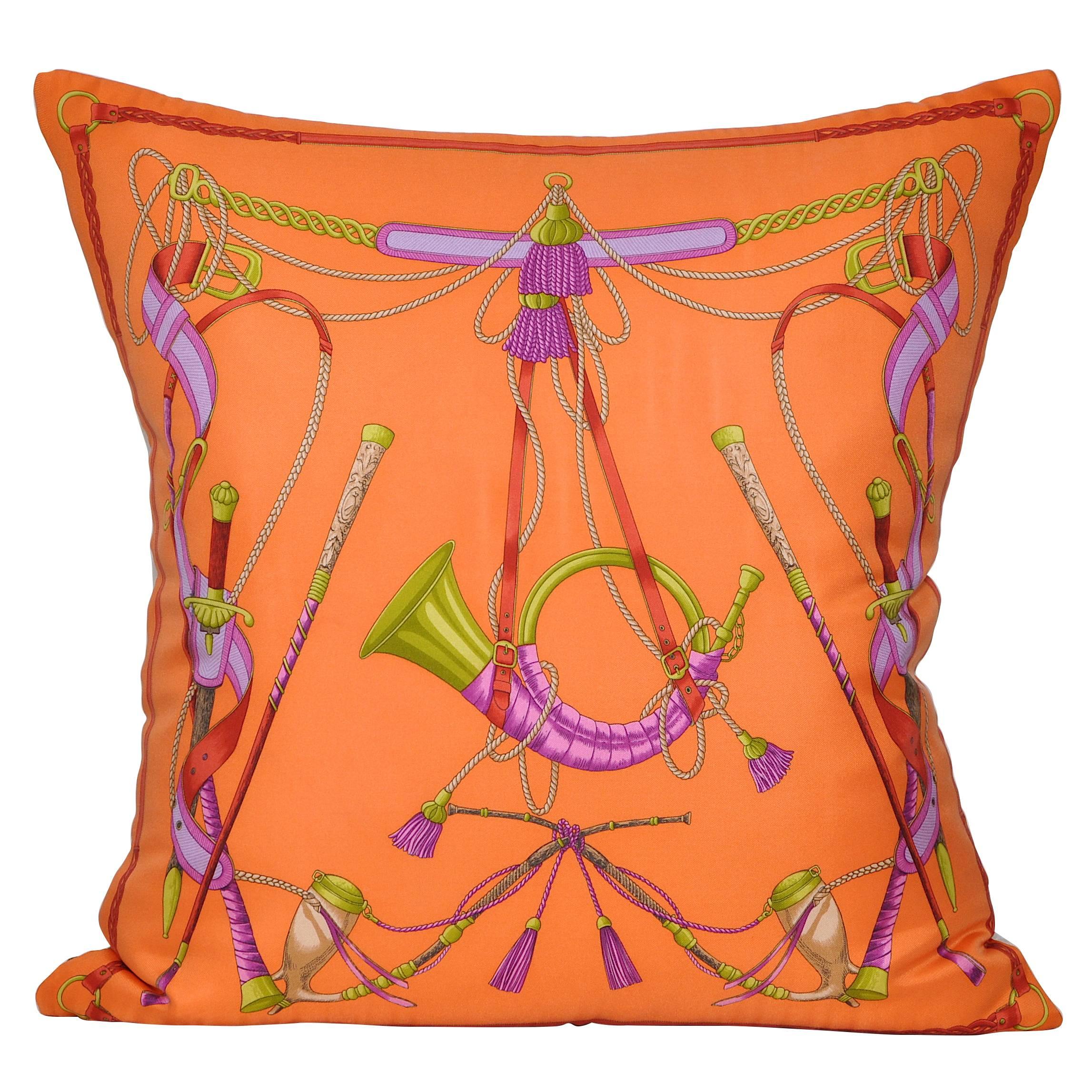 Vintage Valentino Orange Silk Fabric and Irish Linen Cushion Pillow For Sale
