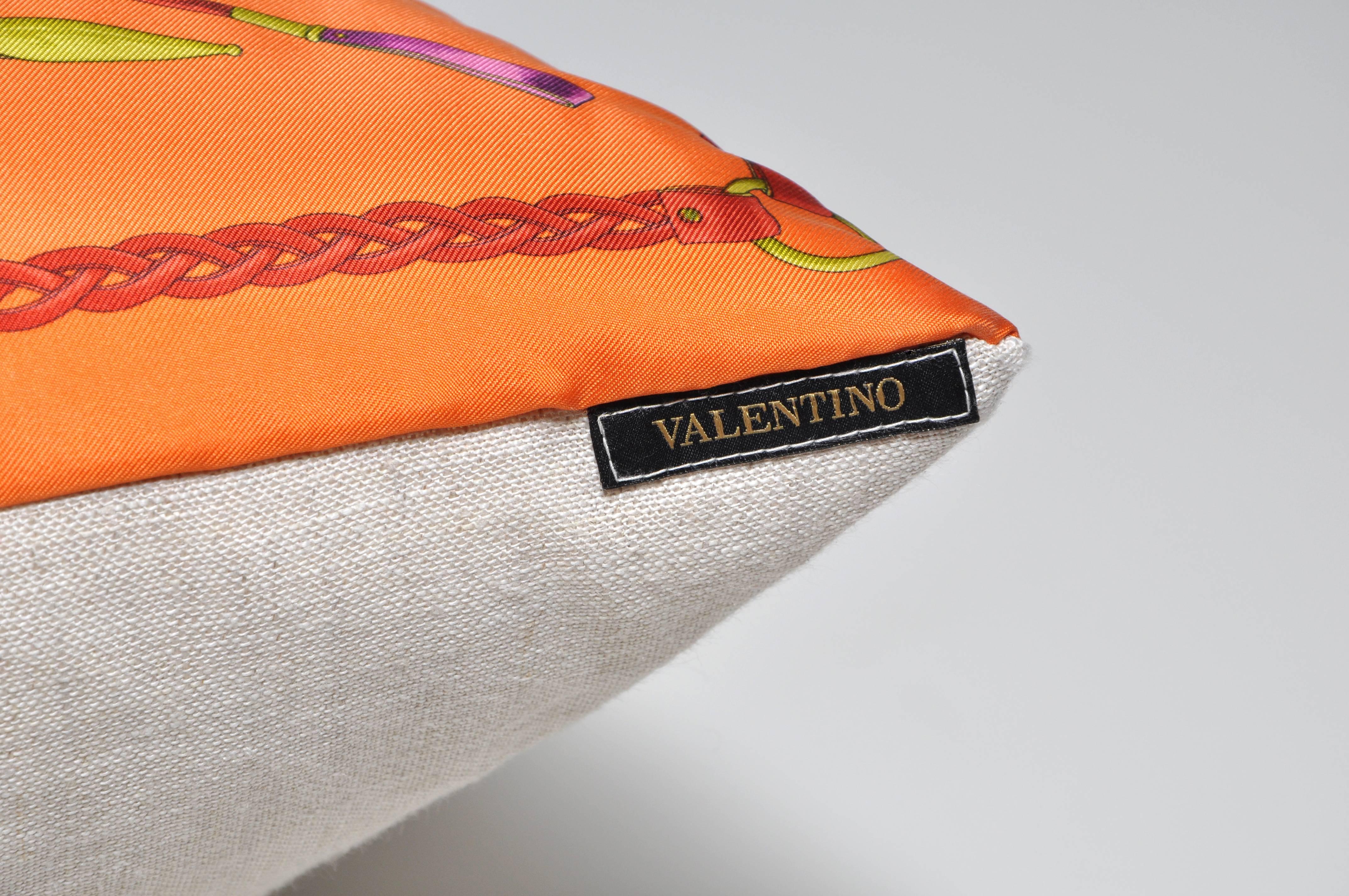 Vintage Valentino Orange Silk Fabric and Irish Linen Cushion Pillow In Good Condition For Sale In Great Britain, Northern Ireland