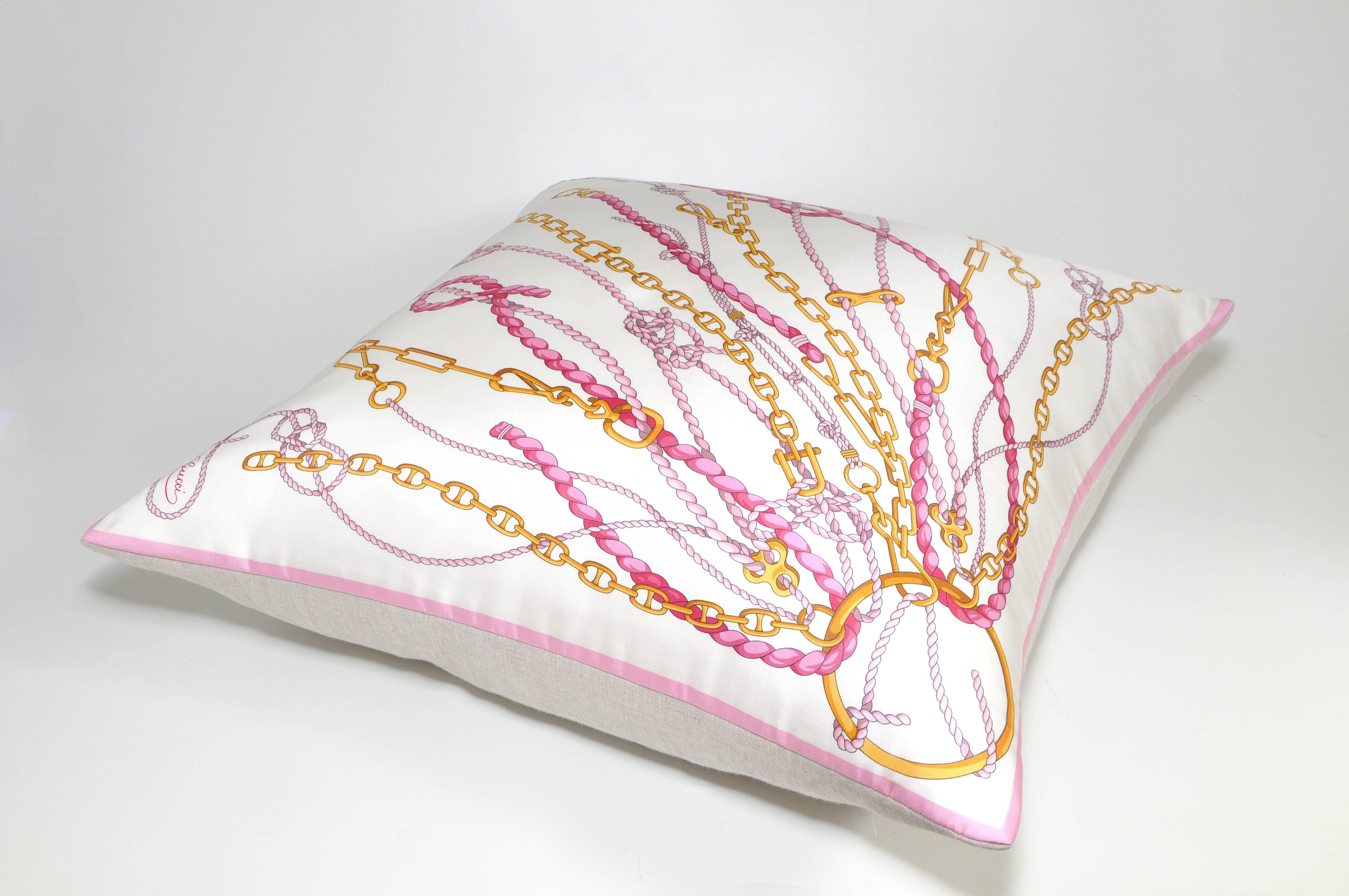 Large Gold Pink Vintage Nautical Gucci Silk Fabric Irish Linen Cushion Pillow For Sale 1
