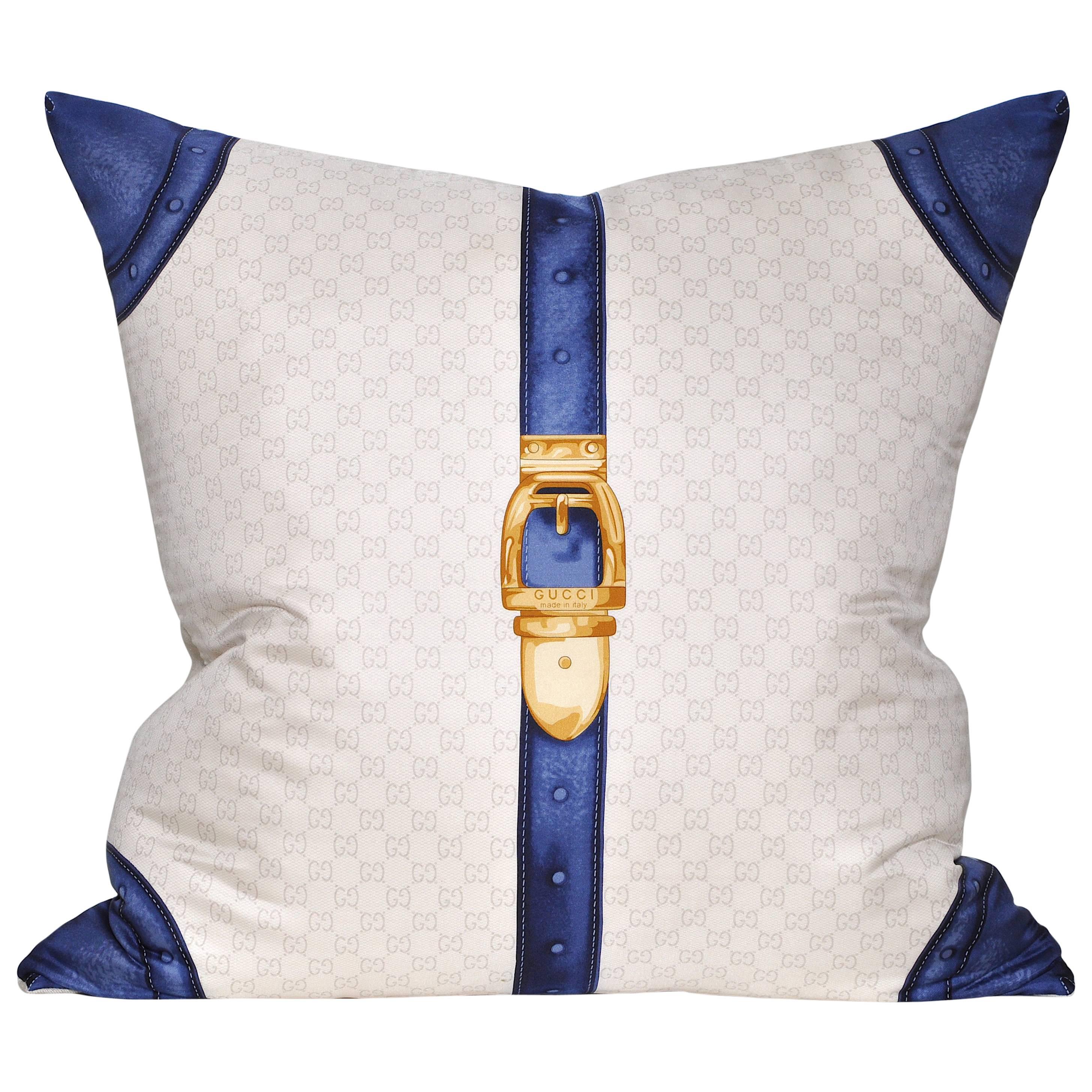 Large Blue Gold Vintage Gucci Silk Fabric Irish Linen Cushion Pillow For Sale