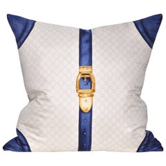 Large Blue Gold Vintage Gucci Silk Fabric Irish Linen Cushion Pillow