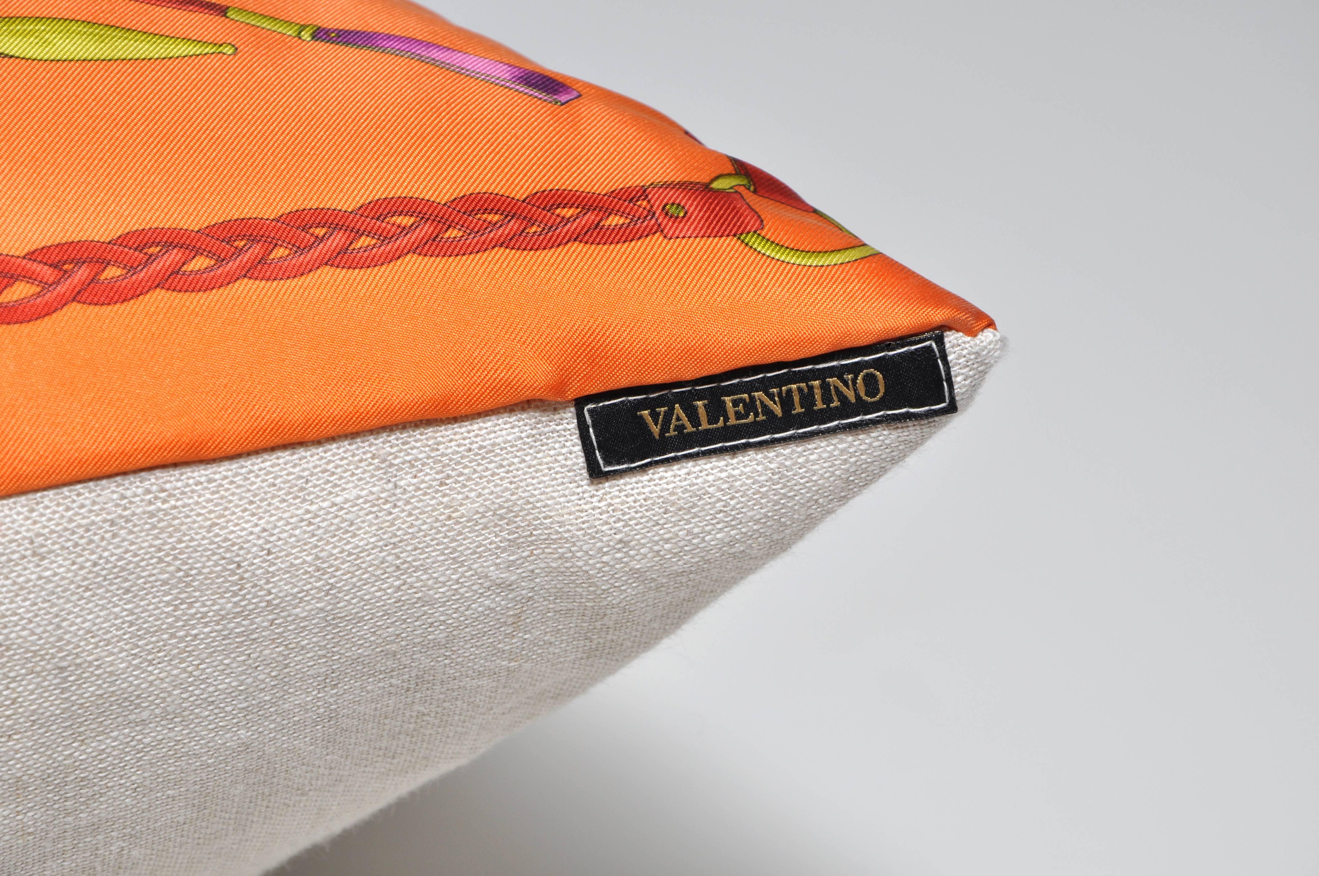 European Vintage Valentino Orange Silk Fabric and Irish Linen Cushion Pillow