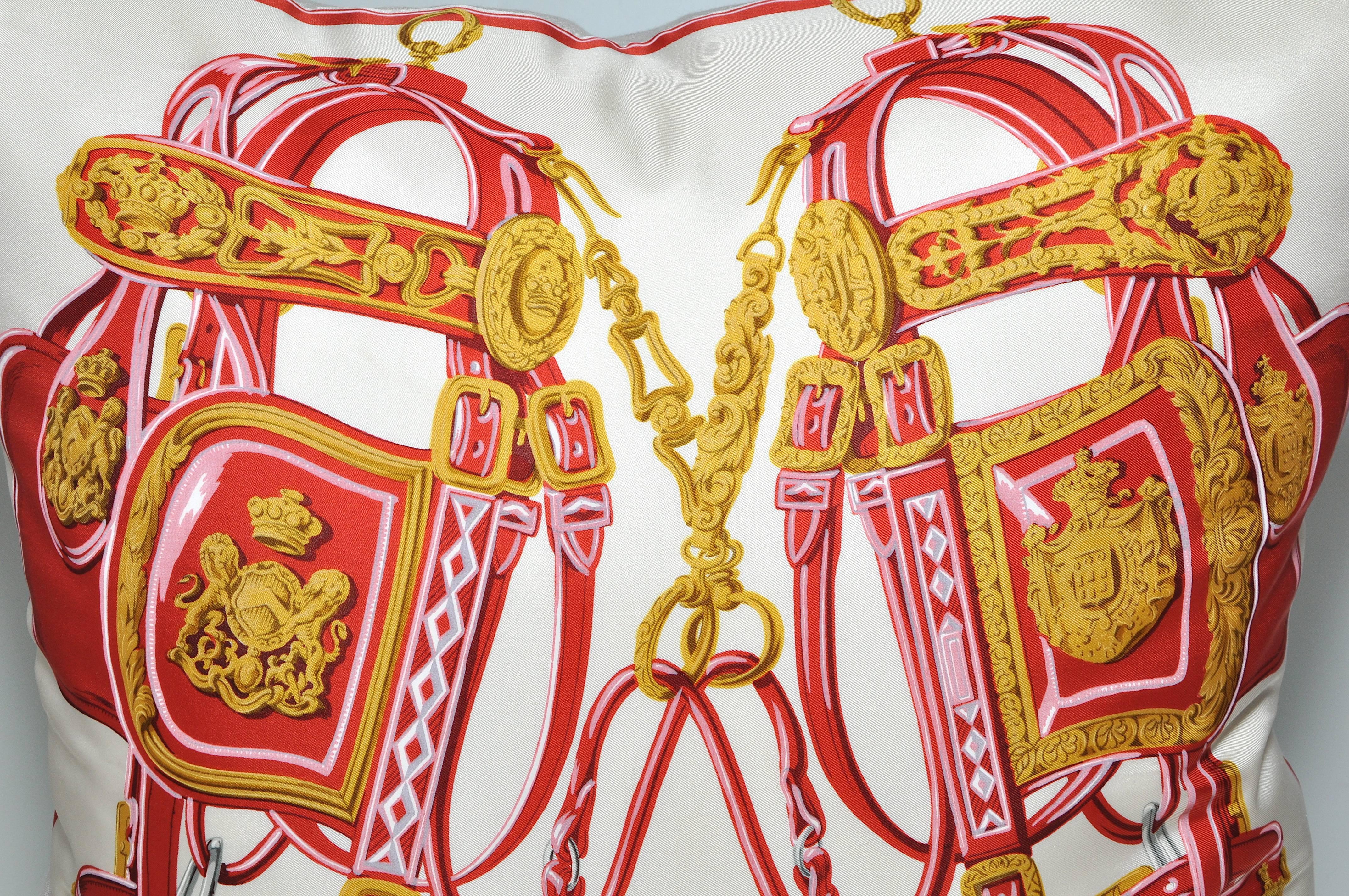 French Large Vintage Hermes Red Equestrian Silk Scarf and Irish Linen Cushion Pillow For Sale
