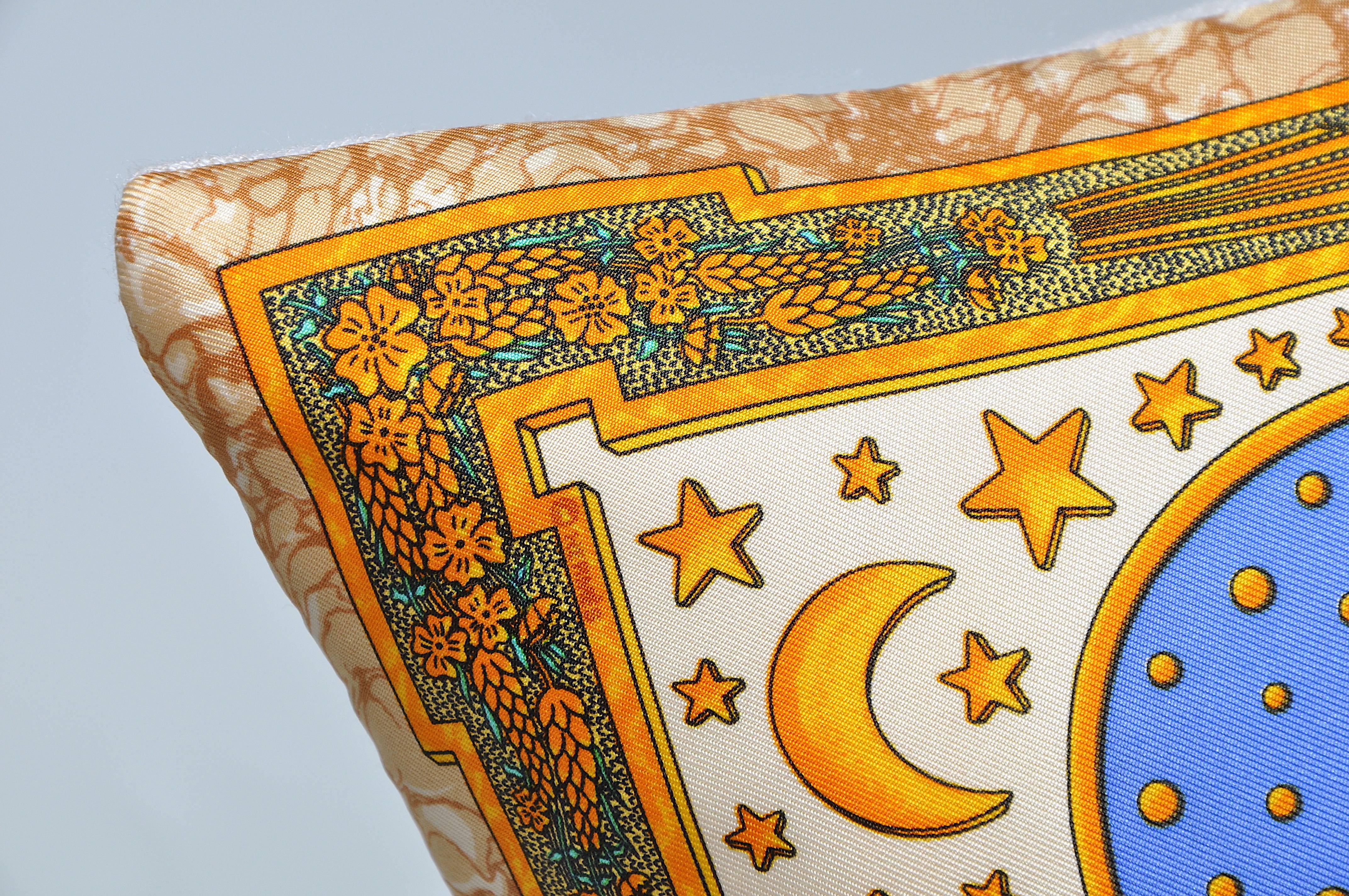 American Empire Pair of Vintage Hermes Bright Blue and Gold Silk Fabric and Irish Linen Pillows For Sale