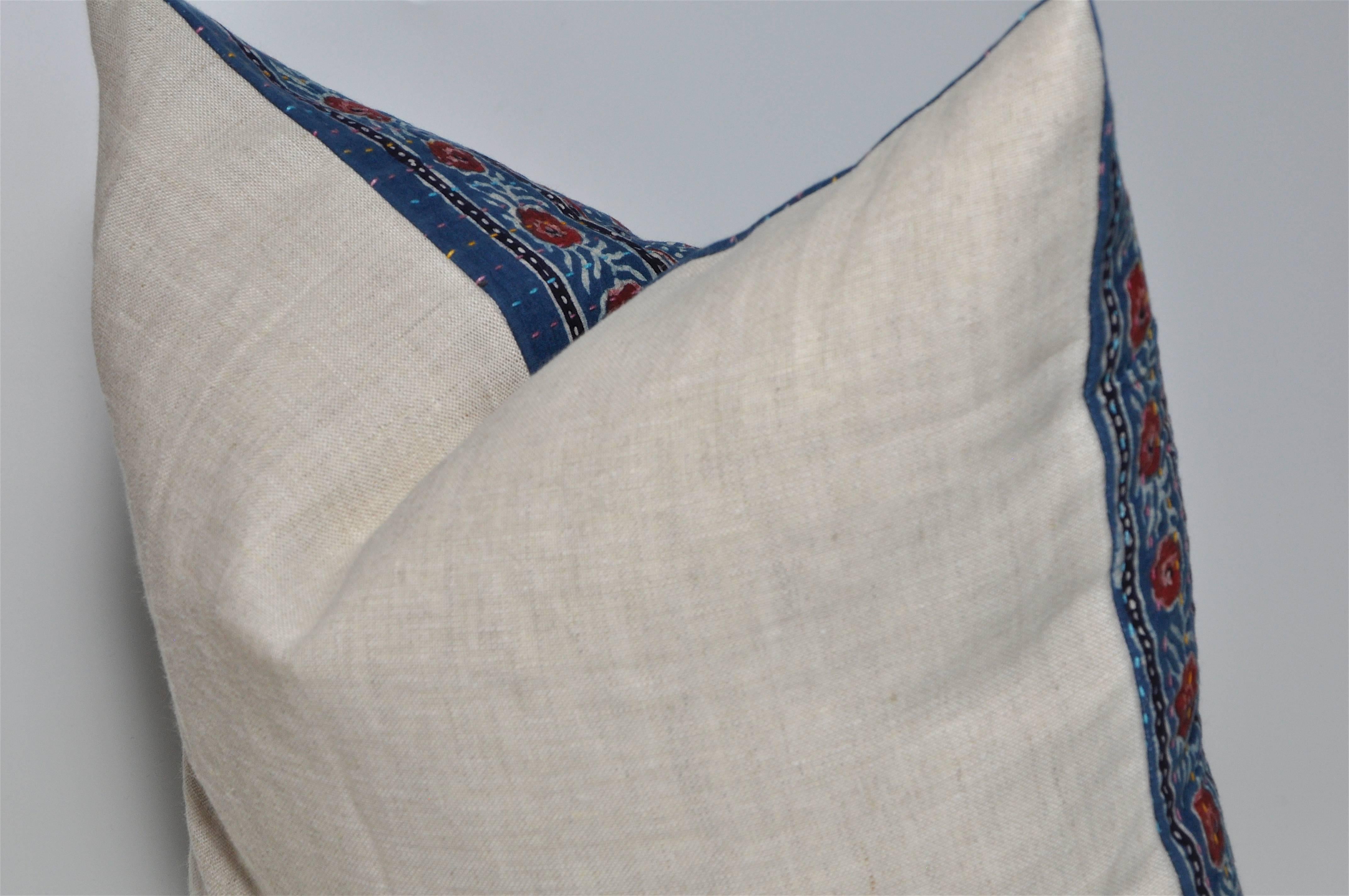 Cotton Vintage Indian Indigo Batik with Irish Linen Cushion Pillow