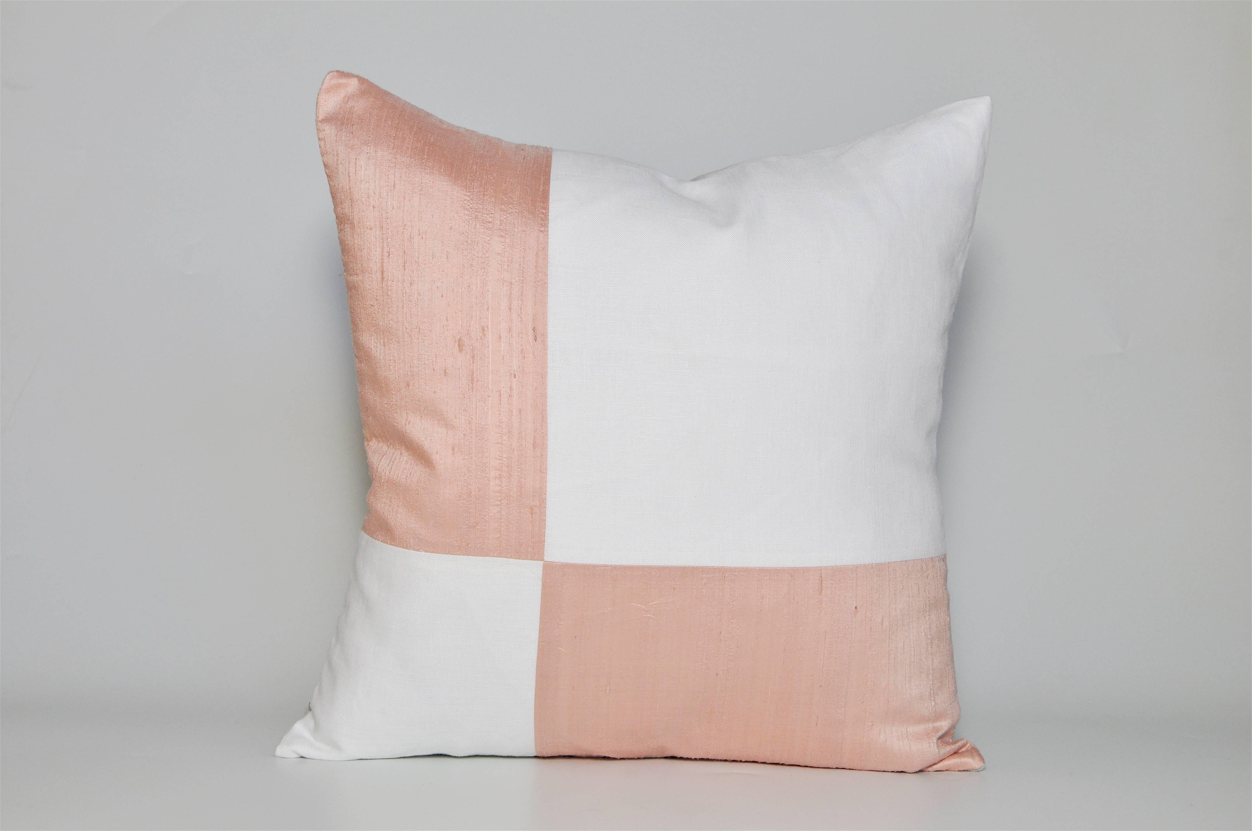 French Antique Pink Peach Silk and White Irish Linen Geometric Cushion Pillow For Sale 1