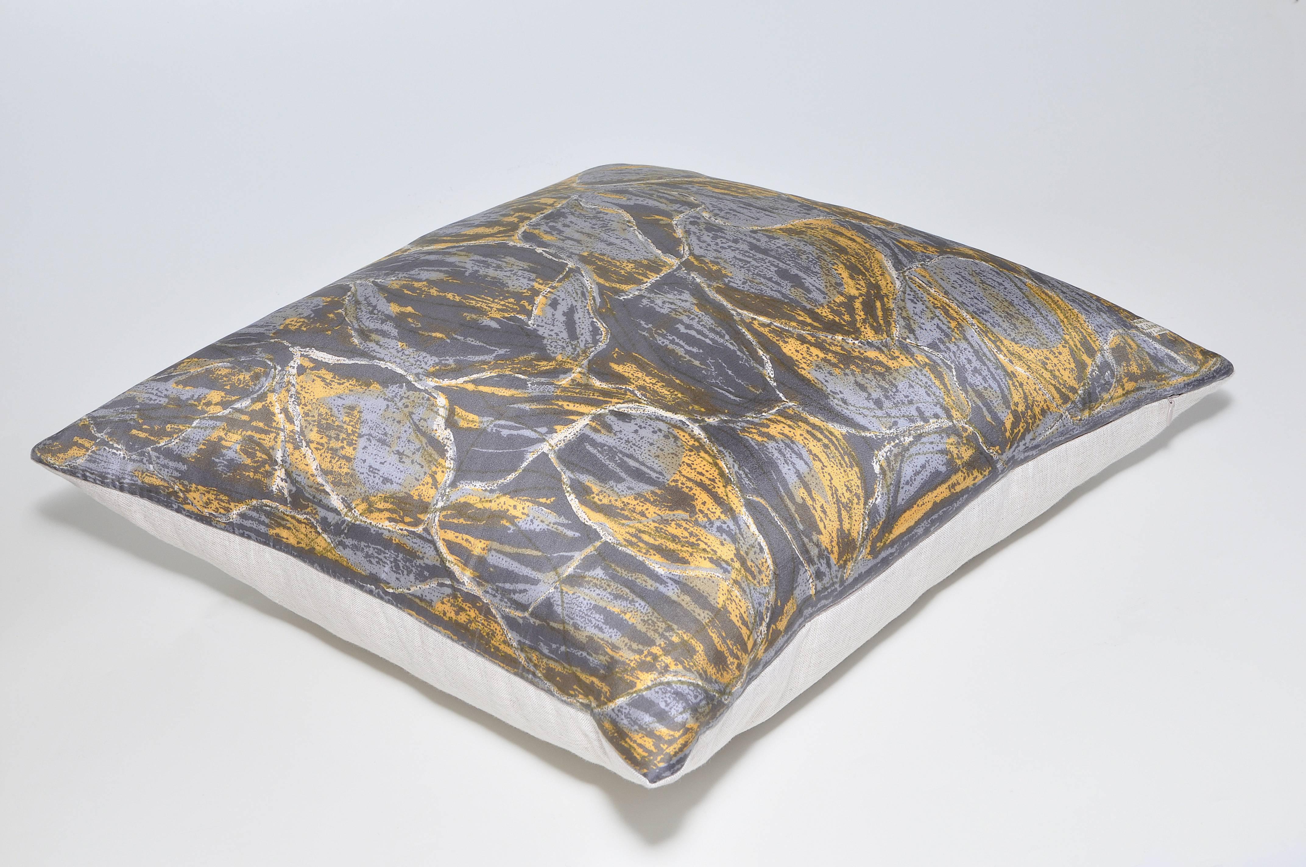 20th Century Vintage Liberty of London Gray Yellow Silk Scarf with Irish Linen Cushion Pillow For Sale