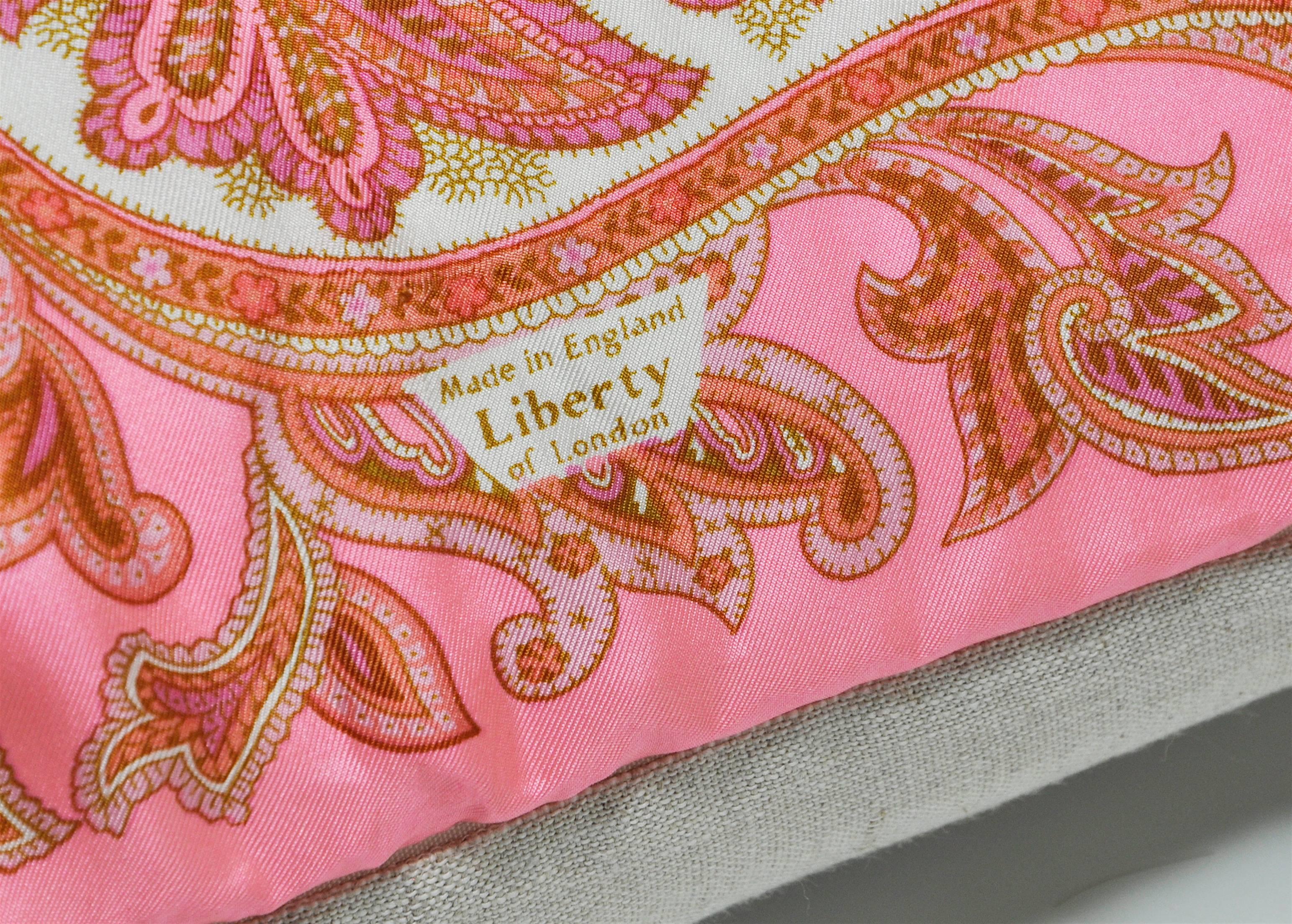 Victorian Large Vintage Liberty of London Pink Orange Silk Irish Linen Cushion Pillow For Sale