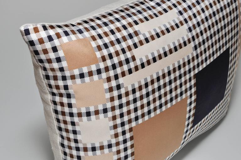 Custom-made one-of-a-kind luxury cushion (pillow) created from an exquisite vintage silk Aquascutum fashion scarf in a beautiful plaid pattern. The check design is made up of a mix of beige, taupe and navy. Immediately recognisable brand by the