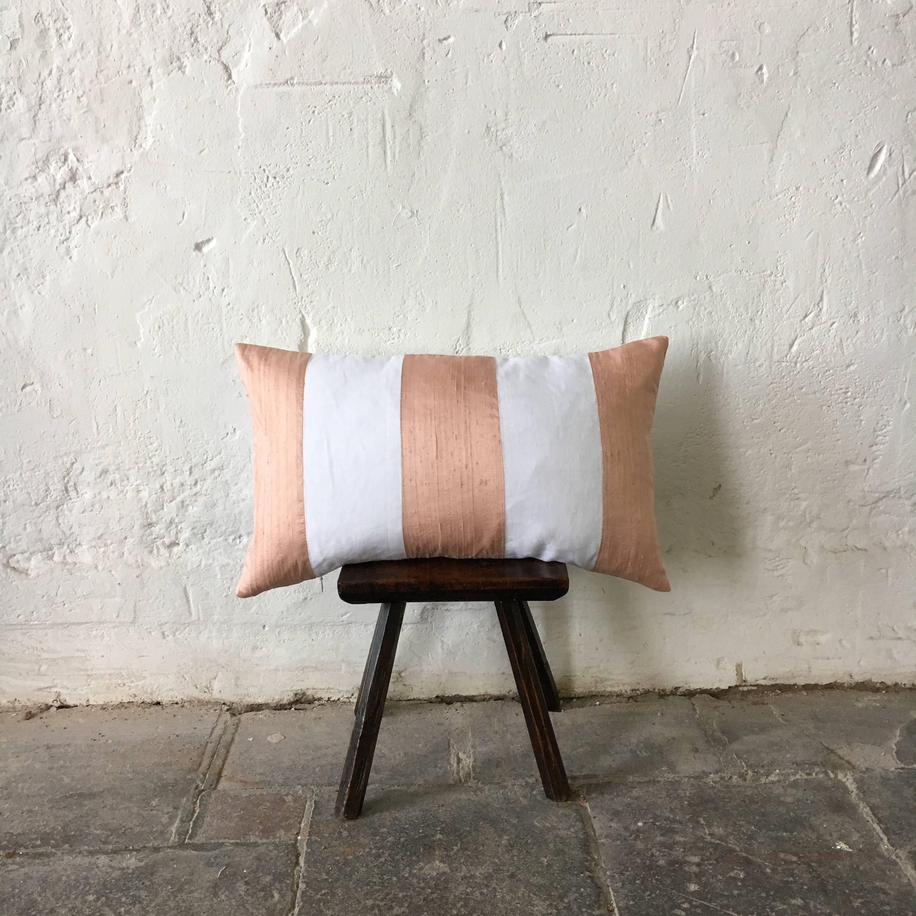 A custom-made contemporary luxury cushion (pillow) constructed with antique elements by using fragments of precious fabric. Antique 100% pure raw silk, with beautiful visible texture of ‘slubs’ (the nibbly bits) and grain from being handwoven giving