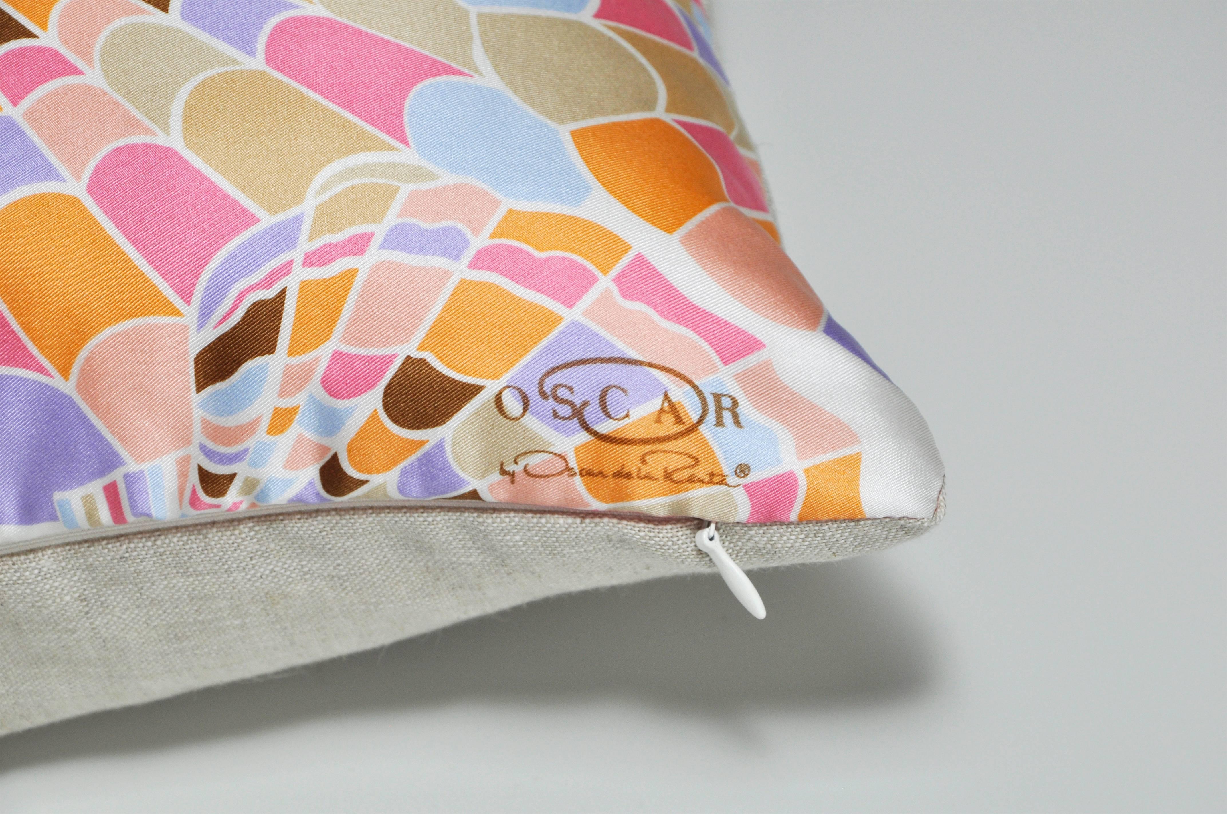 Rococo Vintage Oscar de la Renta Pink Shell Silk Scarf with Irish Linen Cushion Pillow For Sale