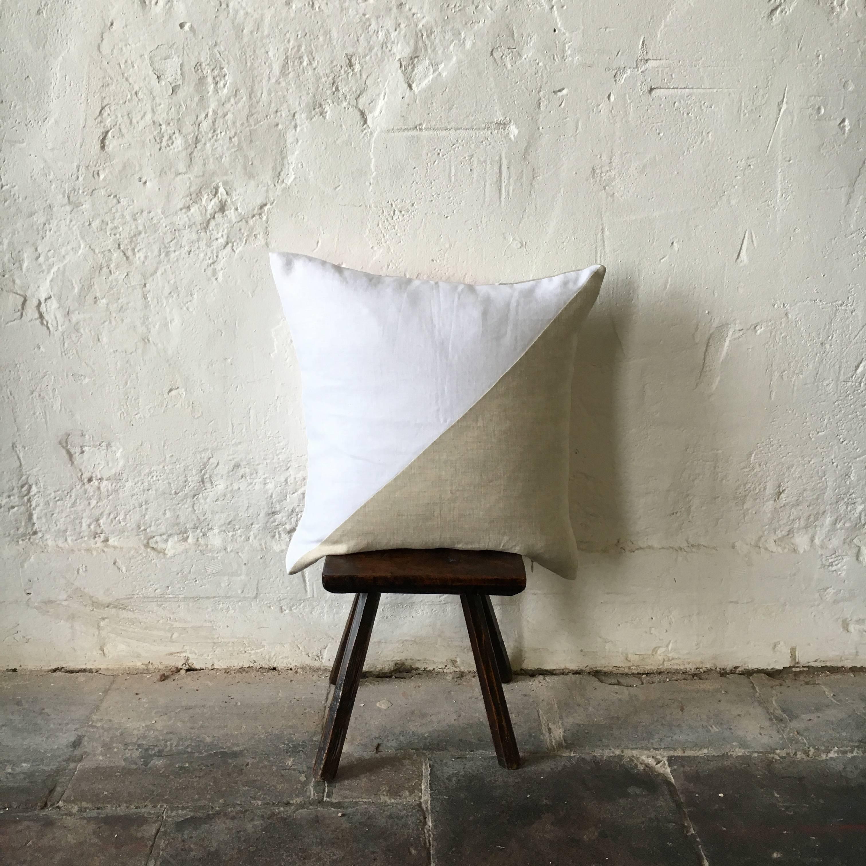 Modern Large Irish Linen Geometric Cushion in Vintage White and Natural Oatmeal Pillow For Sale