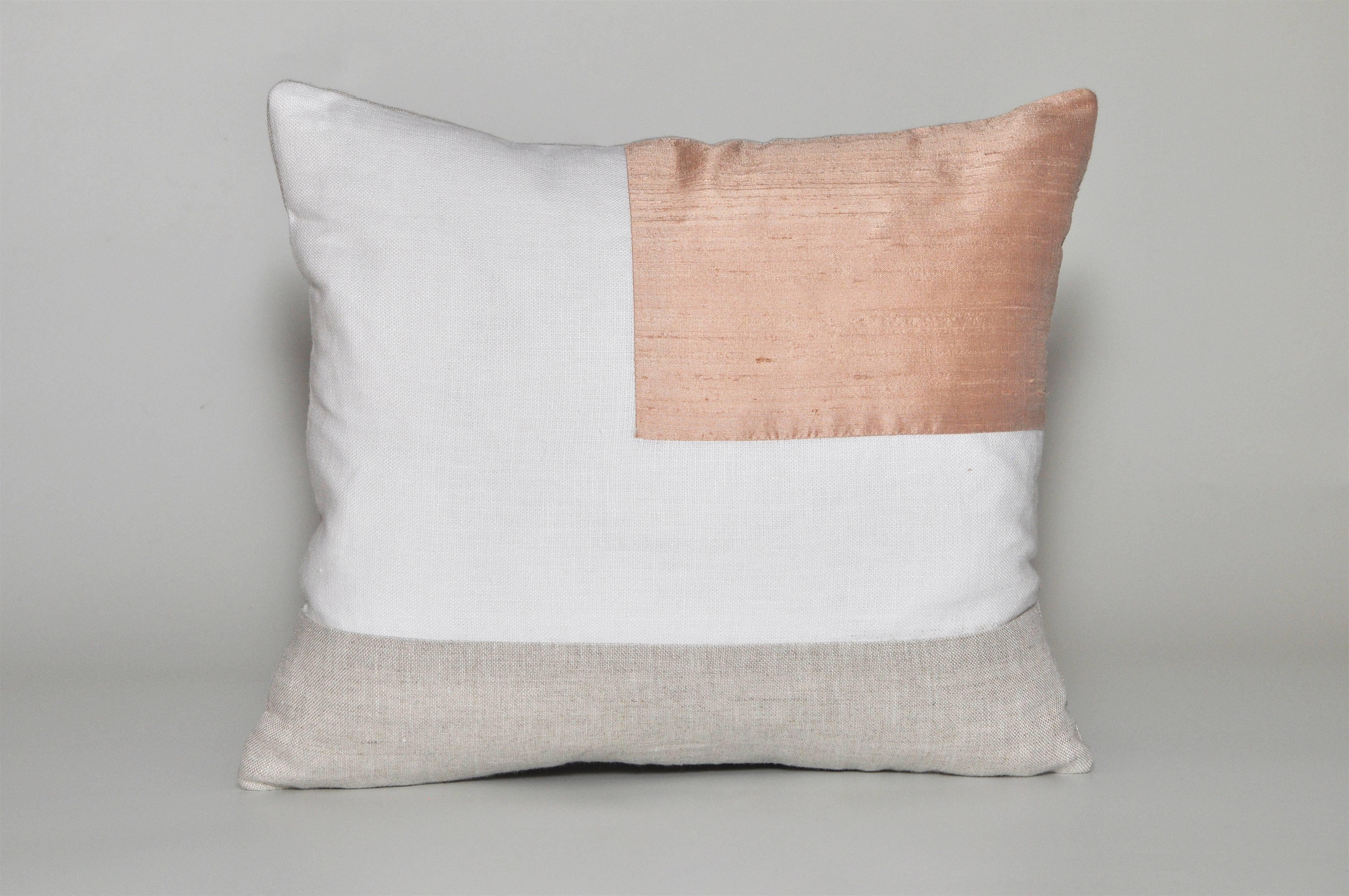 A custom-made contemporary luxury cushion (pillow) constructed with vintage elements by using fragments of precious fabric. Antique 100% pure raw silk, with beautiful visible texture of ‘slubs’ (the nibbly bits) and grain from being handwoven giving