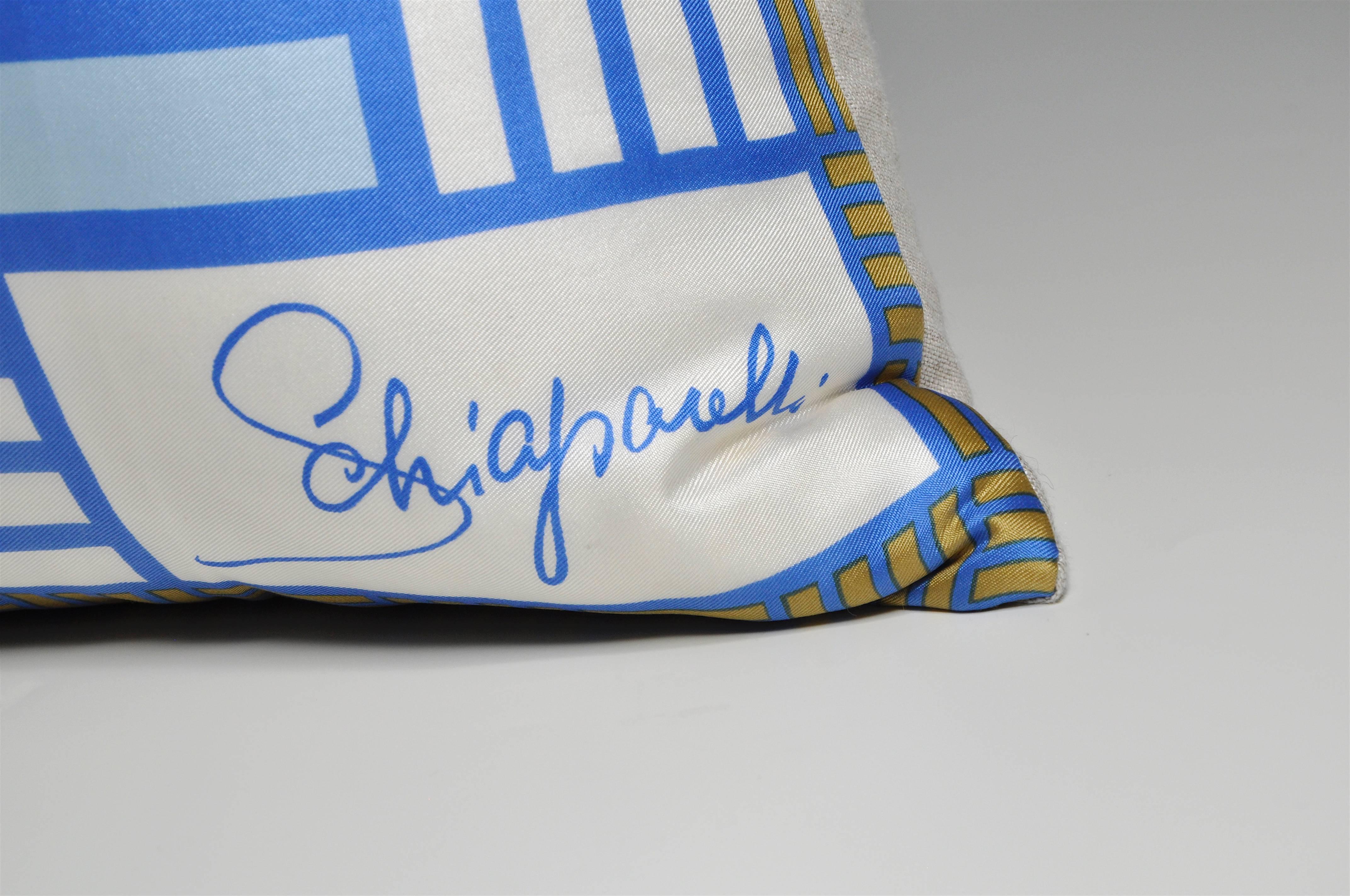 Hand-Crafted Vintage Schiaparelli Blue Geometric Silk Scarf with Irish Linen Cushion Pillow