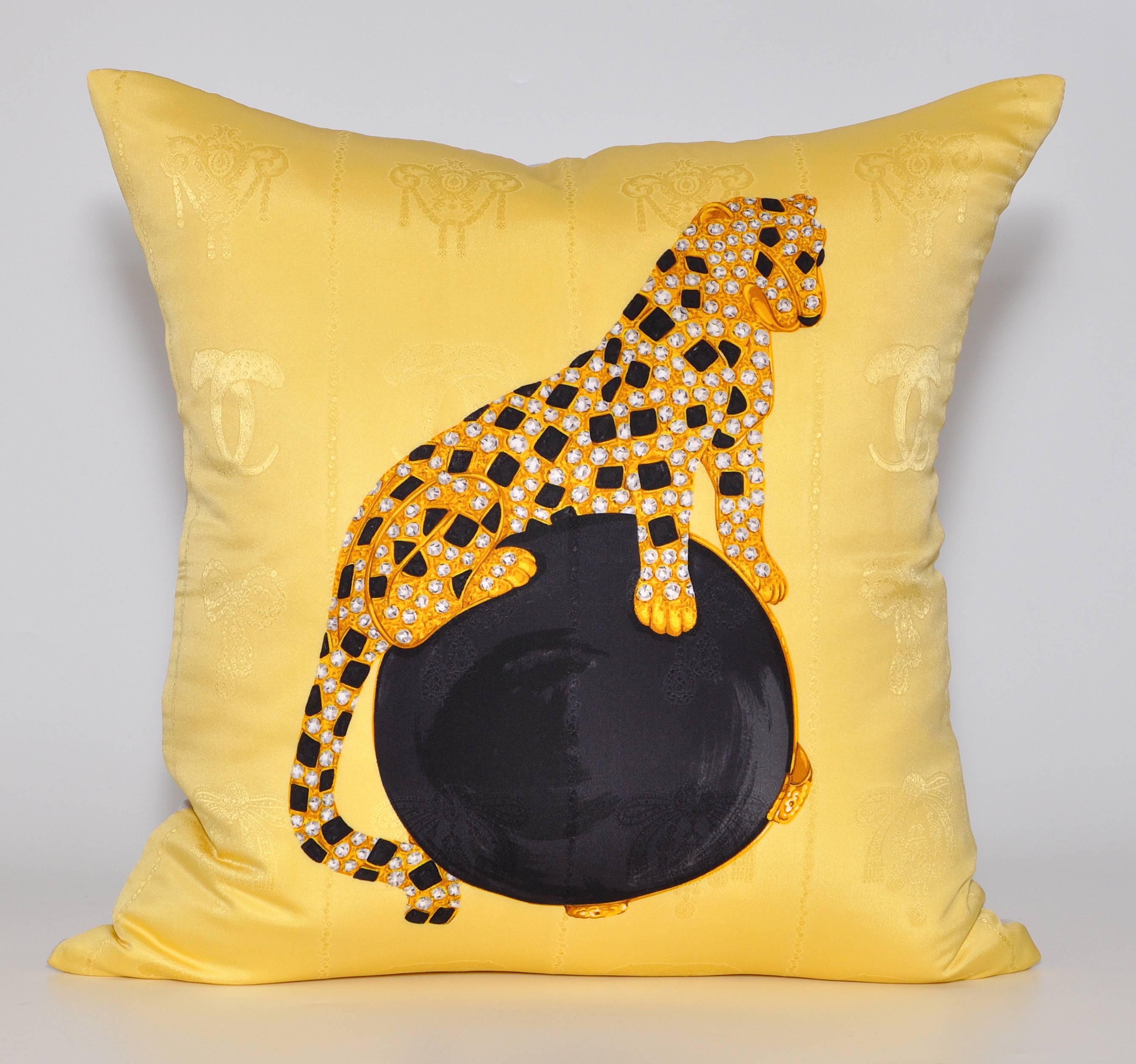 Pair of stunning large custom-made one-of-a-kind luxury cushions (pillows) created from rare matching exquisite vintage pure silk Cartier fashion scarves in a striking bold design. It features their signature iconic Panther perched on top of a