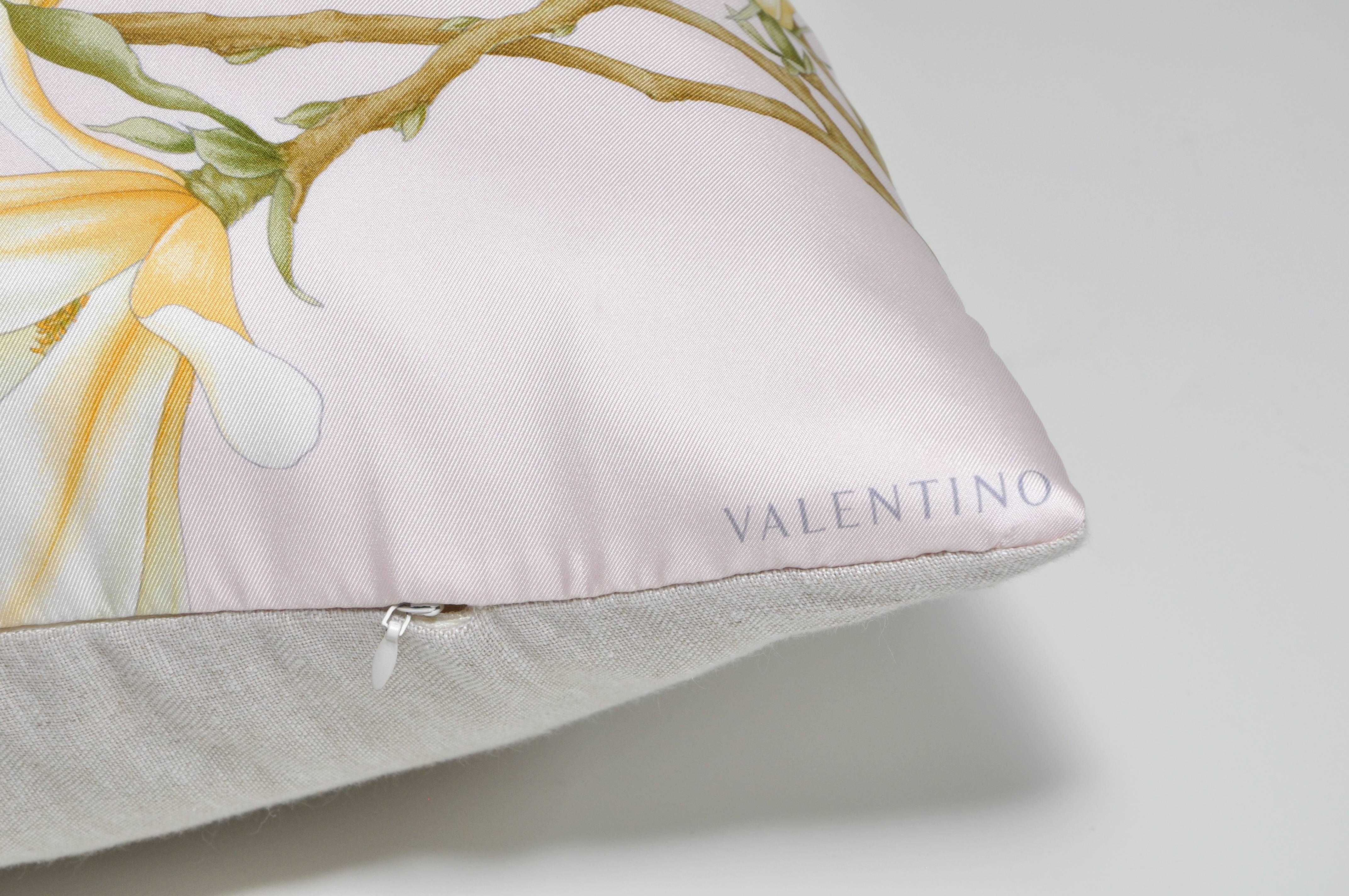 A large custom made one-of-a-kind cushion (pillow) created from a stunning rare vintage Valentino silk fashion scarf in an extremely elegant design. In an exquisite soft ballet pale pink covered in luscious magnolia flowers in full bloom. Like a