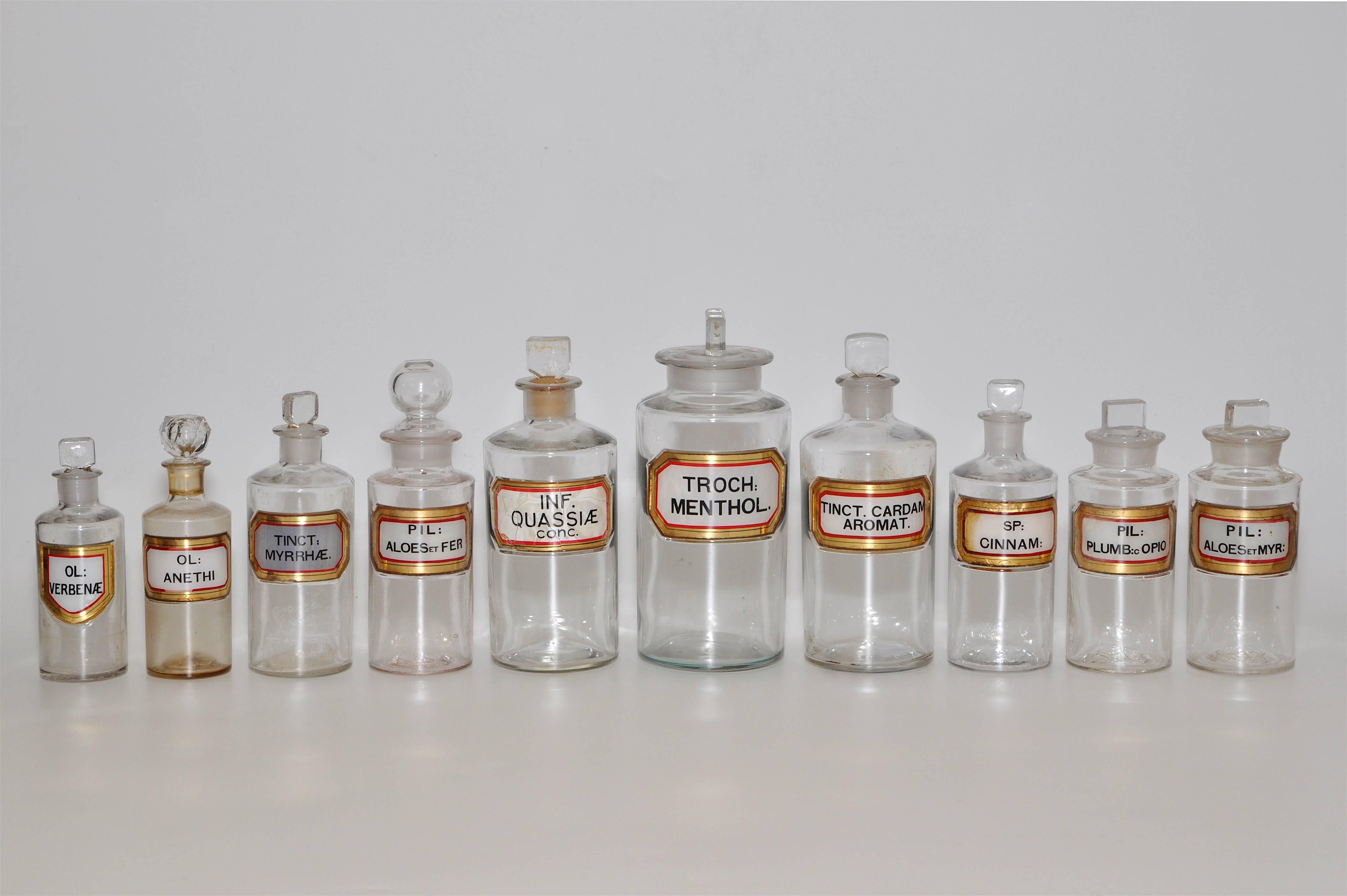 Beautiful set of ten pharmaceutical bottles circa 1900 originally from a chemists in Northern Ireland. Note the exquisite gold leaf framed labels which make them real collectors items (and add value). These elegant bottles lined pharmacy shelves