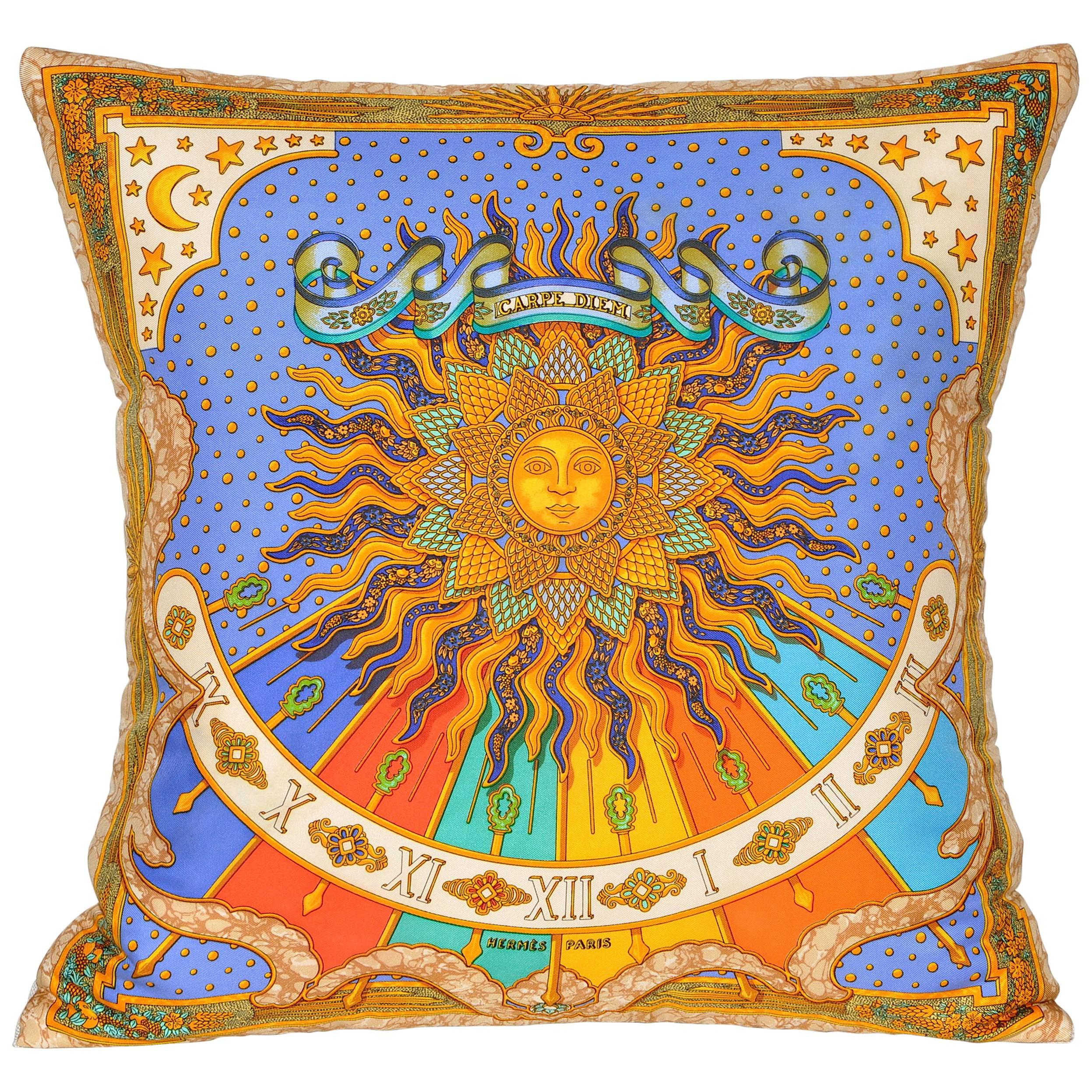 Vintage Hermes Bright Blue and Gold Silk Scarf and Irish Linen Cushion Pillow For Sale