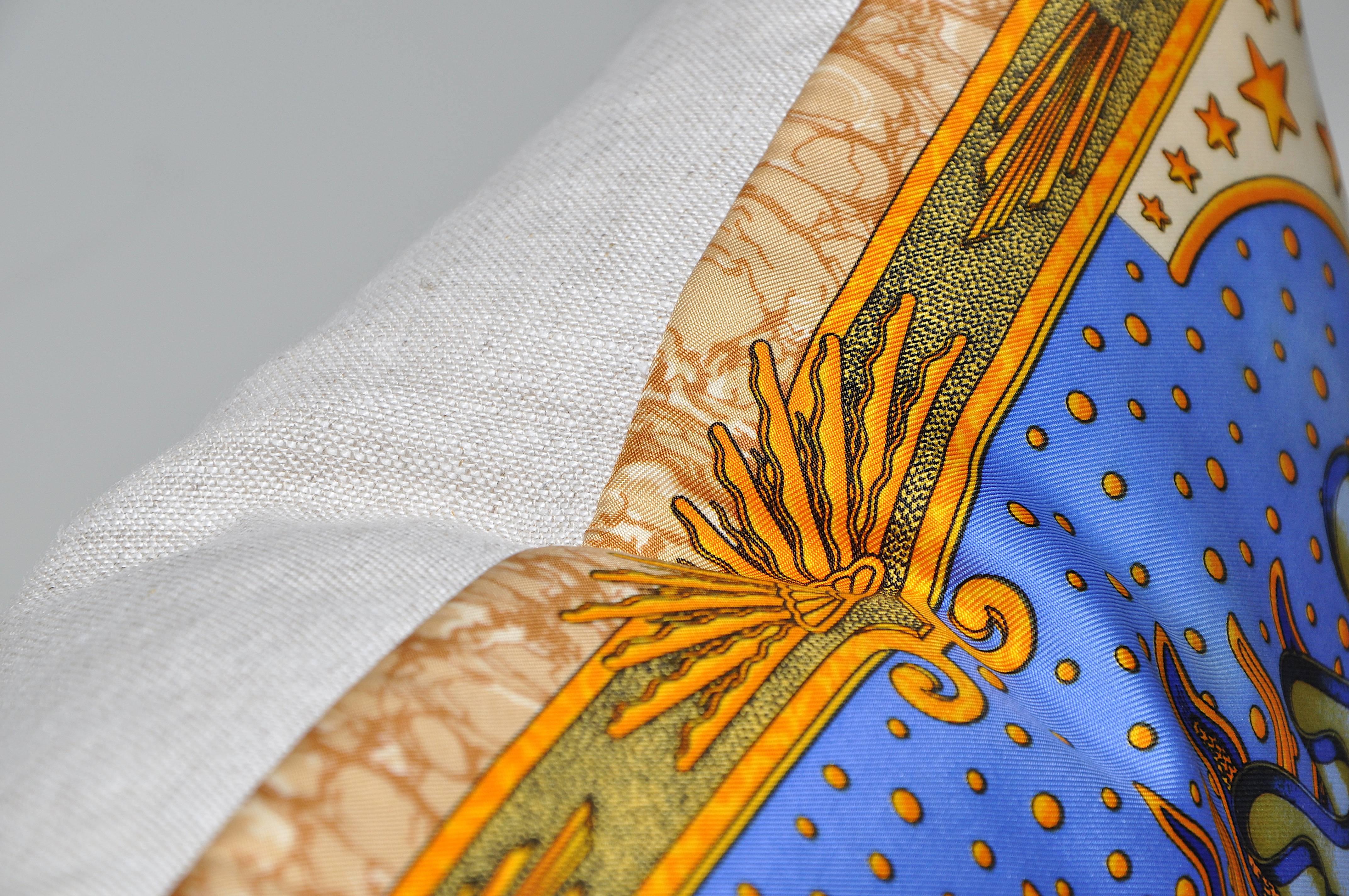 French Vintage Hermes Bright Blue and Gold Silk Scarf and Irish Linen Cushion Pillow For Sale