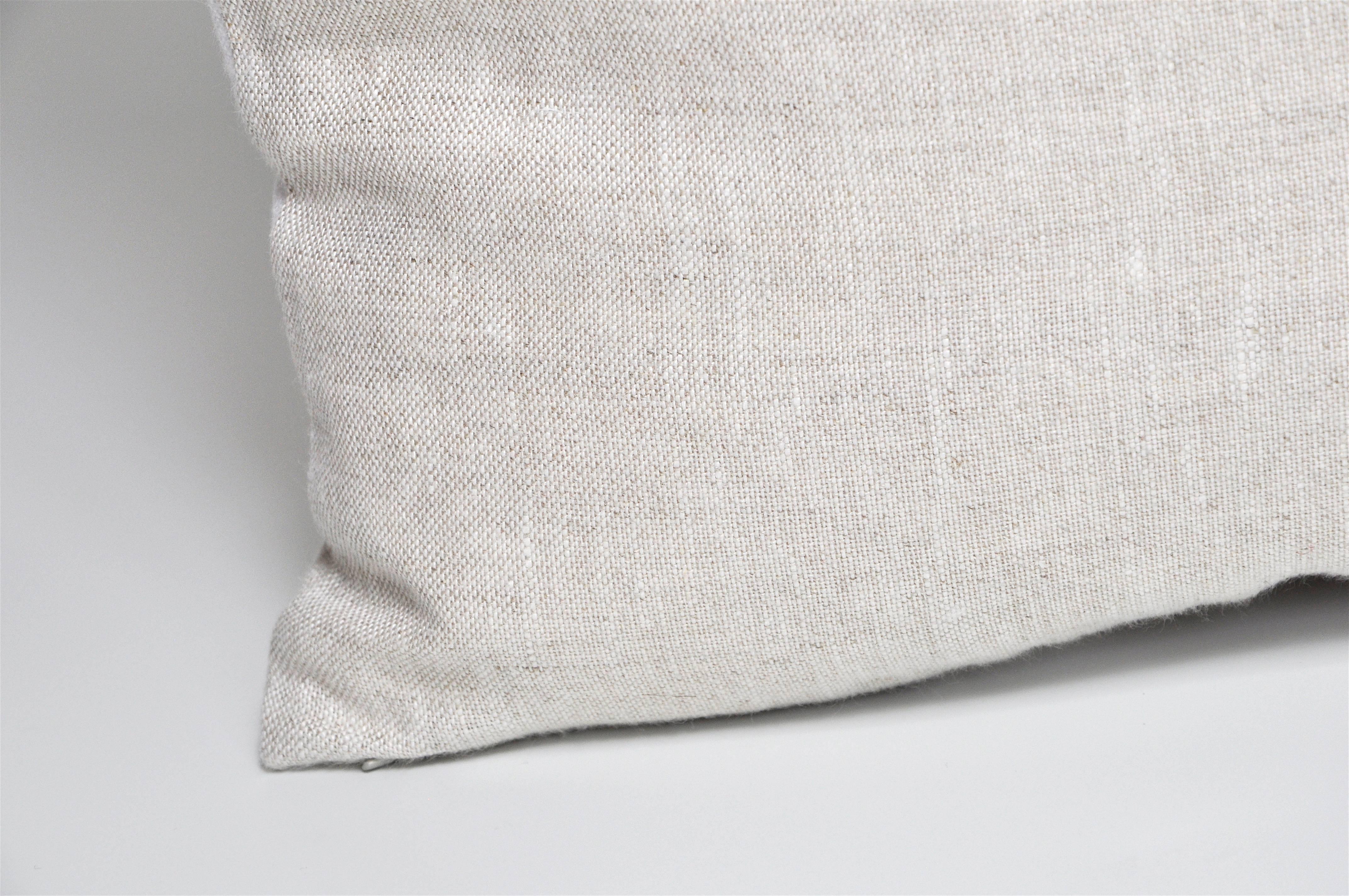 Mid-Century Modern Large Contemporary White Irish Linen Pillow with Vintage Oatmeal Patch For Sale