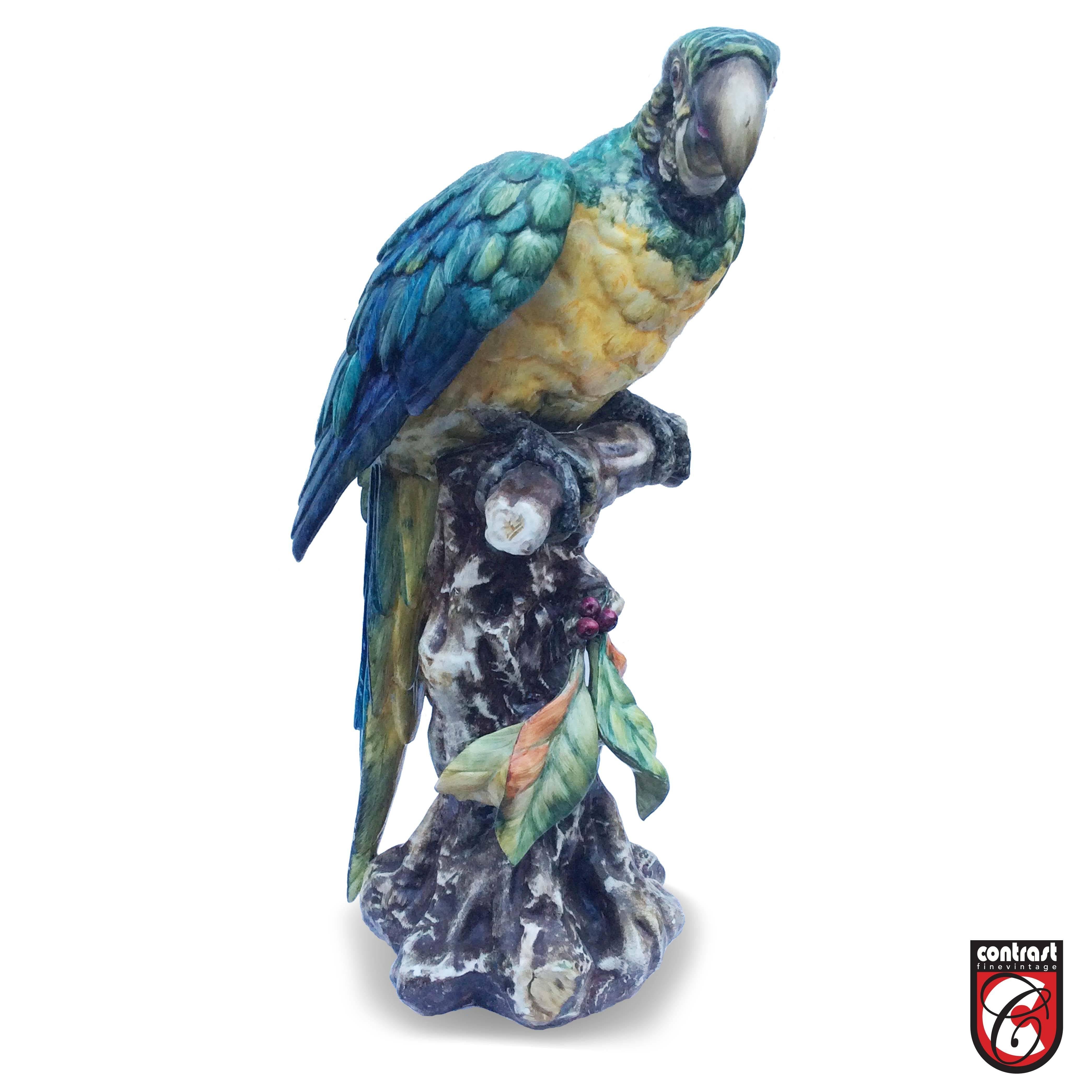 Painted Italian Porcelain Parrot Statue, Signed Guido Cacciapuoti For Sale