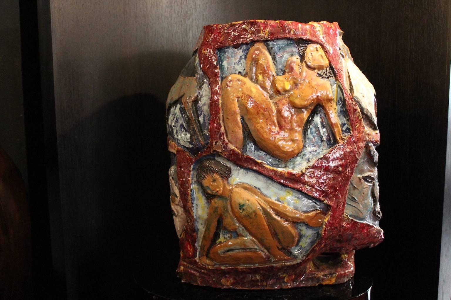 Glazed ceramic vase attributed to Giovanni Chissotti (1911-1996). Turin sculptor prefers bronze ceramic marble, 1950.
