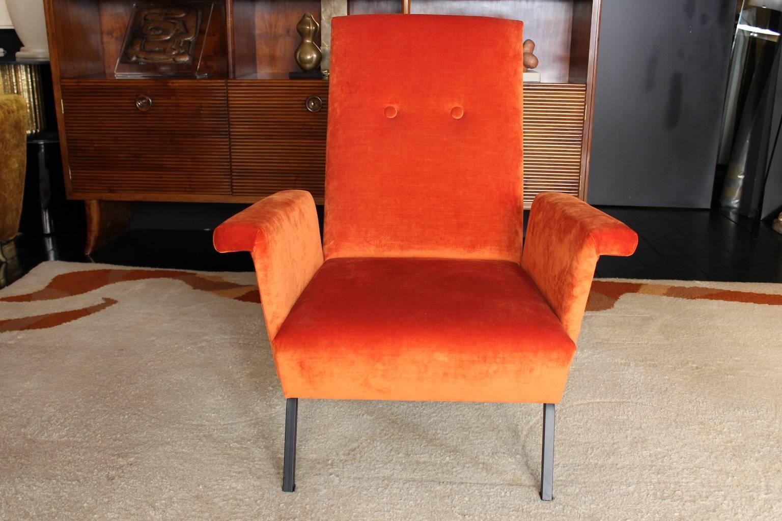 Pair of 1960s small armchairs in orange velvet, metal structure new fabric and padding.