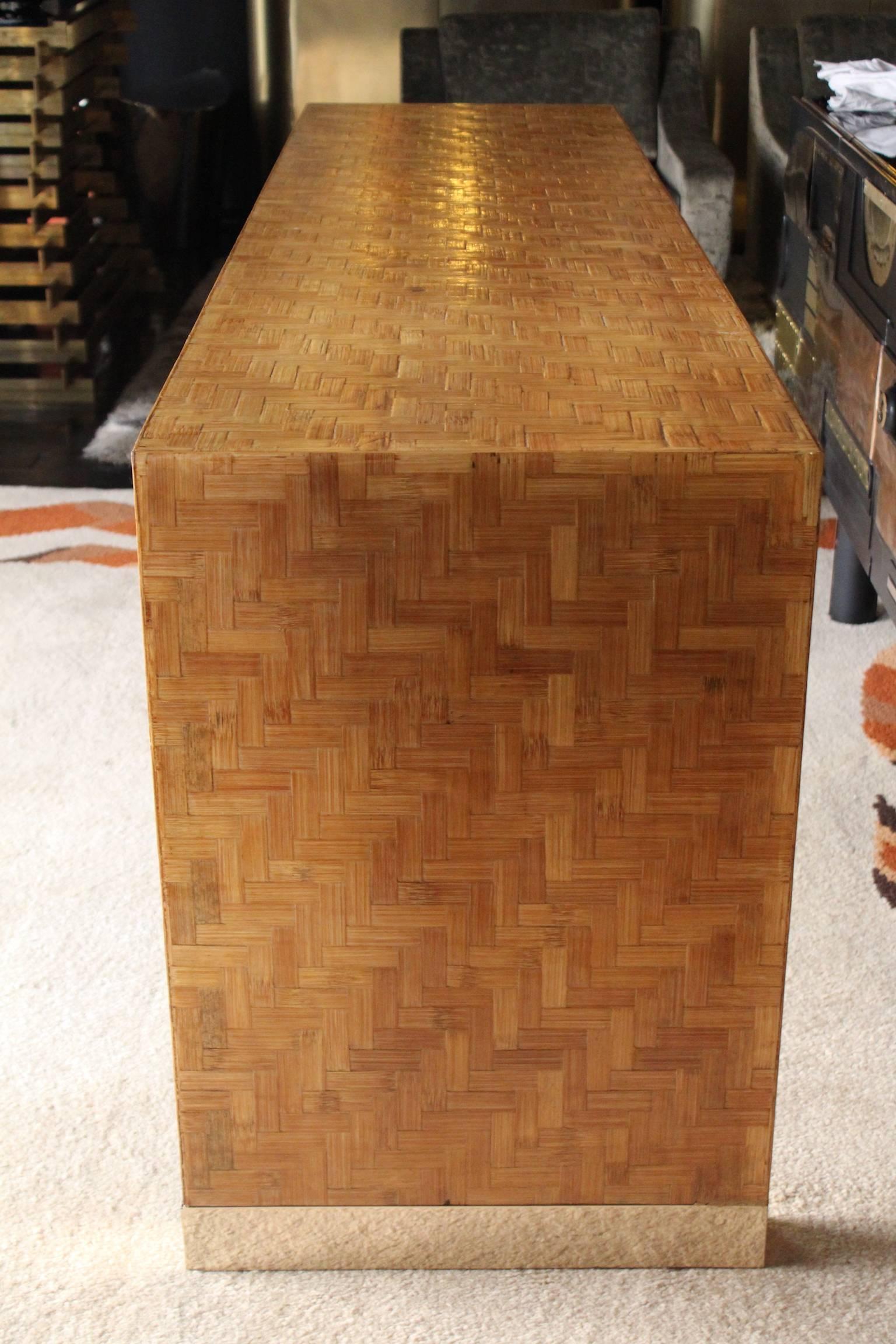 1950s marqueterie console beech wood and brass finishes.