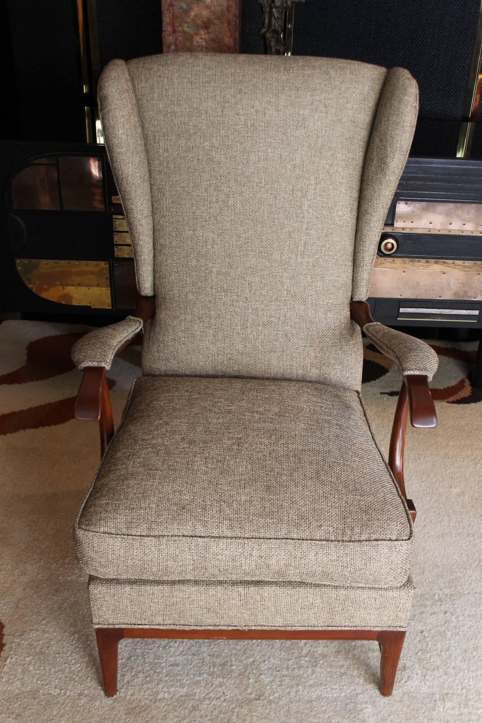 Paolo Buffa 1950s armchairs, in walnut and ecru cotton, hypoallergenic padding and cushion in goose down.
