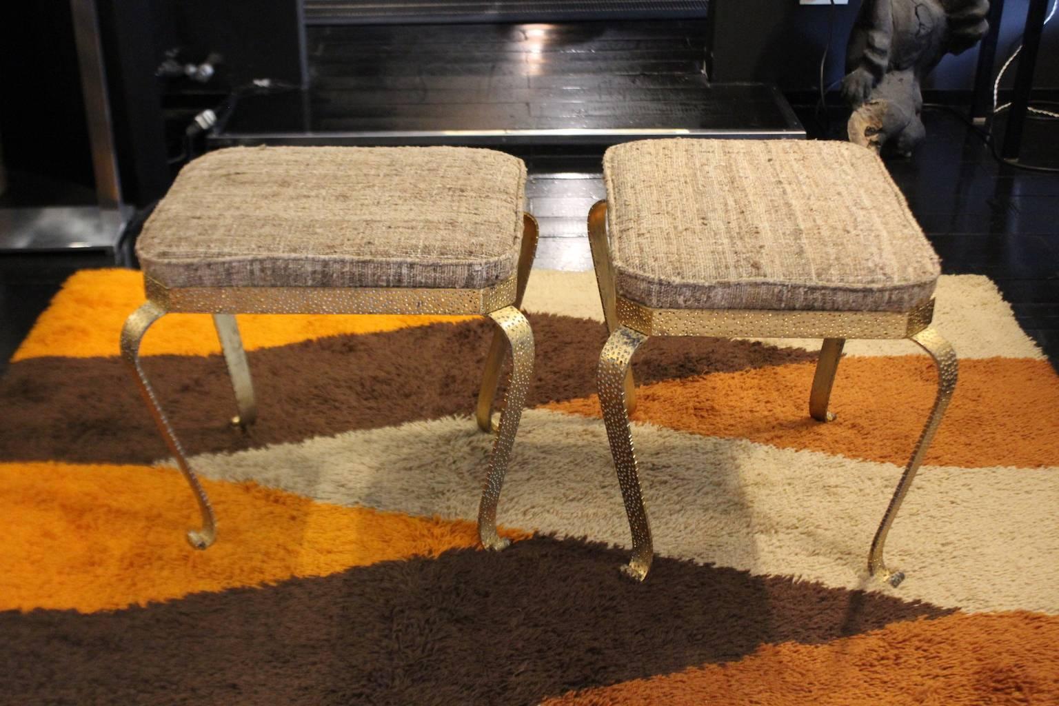 1950 stools by "Colli" Turin, base in gilded metal and raw silk.