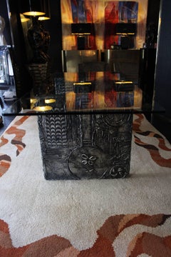 1970 "Paul Evans" Rectangular Brutalist Gray Dining Table Resin and Glass Top