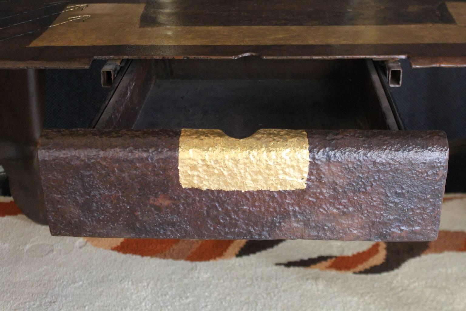 French 2001 Rectangular Metal Desk in Gold and Bronze Leaf by Jean Jacques Argueyrolles For Sale