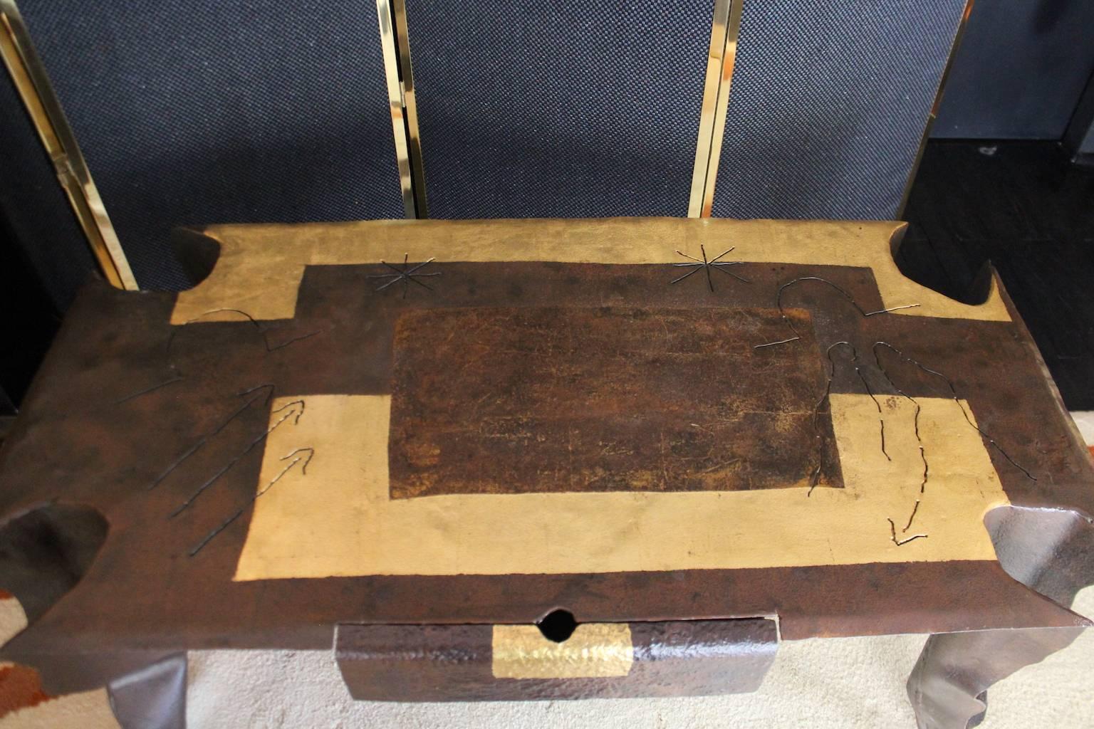 Hand-Crafted 2001 Rectangular Metal Desk in Gold and Bronze Leaf by Jean Jacques Argueyrolles For Sale