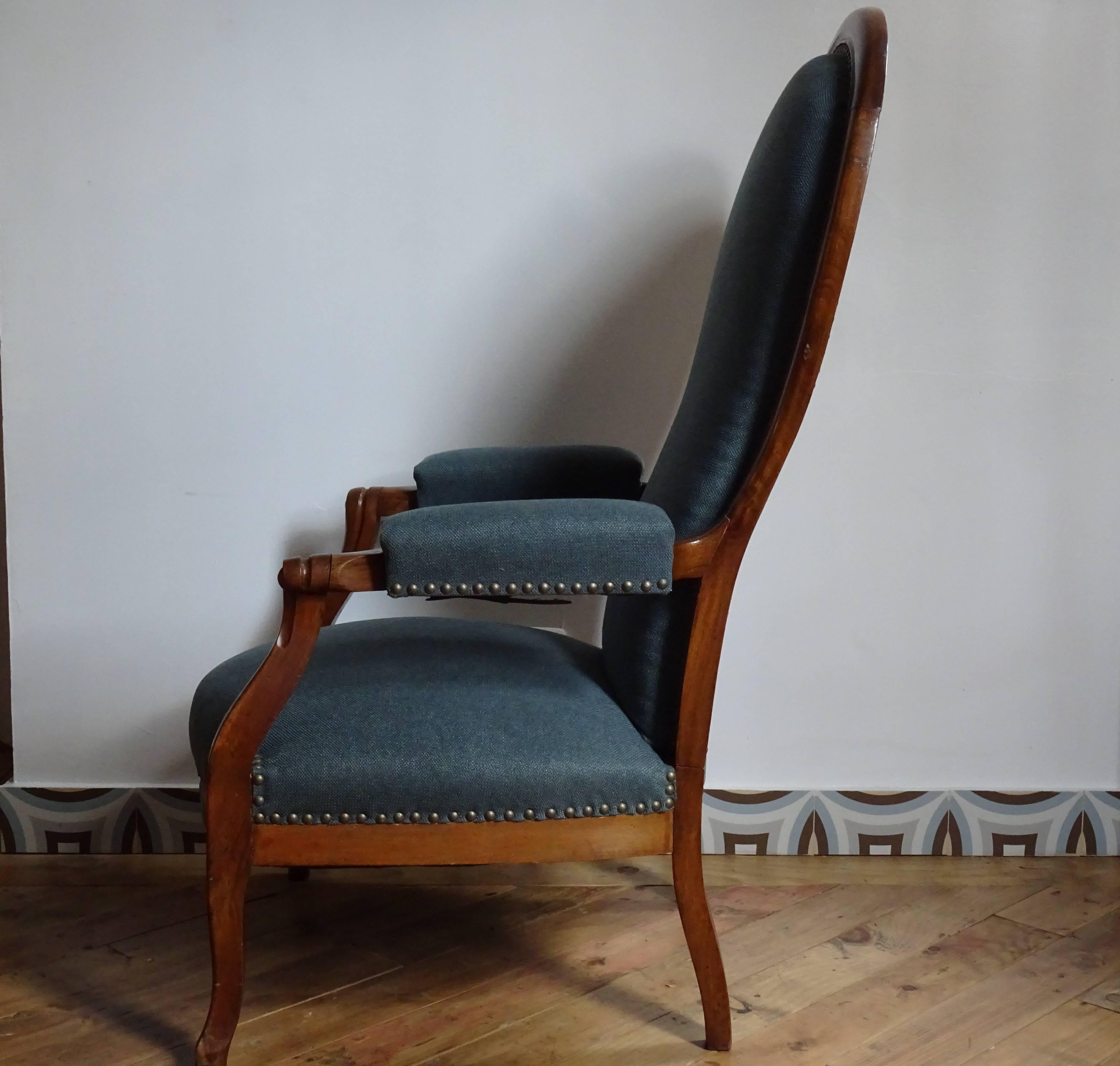 Upholstery Early Century, French Reclining Walnut Voltaire Chair For Sale