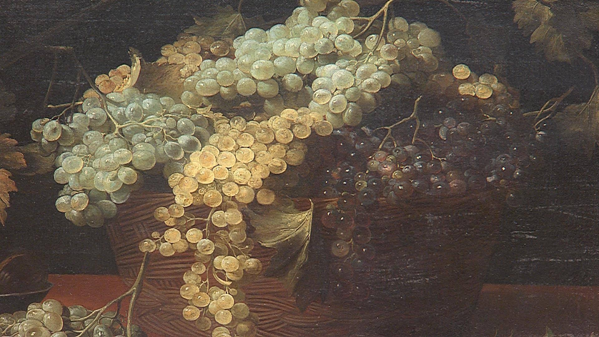 Still life oil on canvas depicting a wicker basket with peaches and grapes.

Ruoppolo's style favours darker backgrounds, similar to Caravaggio's still life paintings and display his peculiar ability to infuse his works with an almost rhythmic