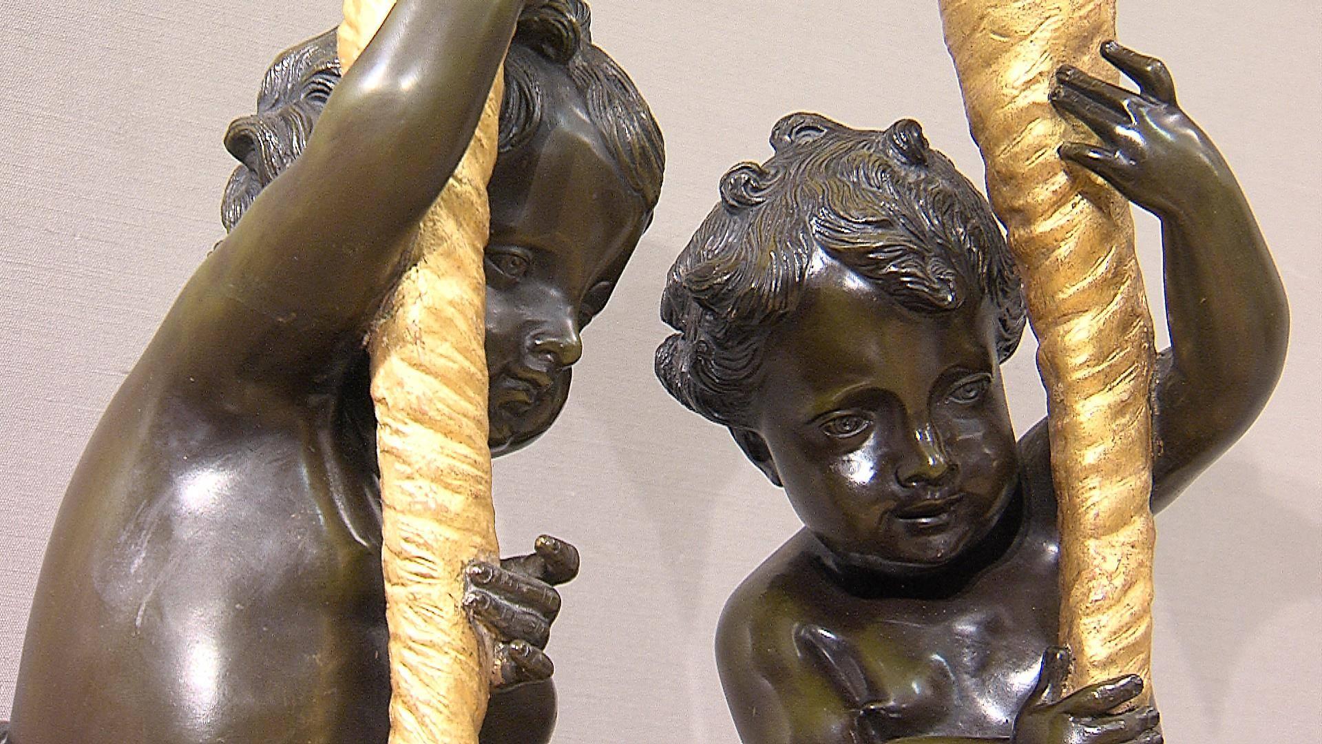 French Bronze Putti on Marble Columns, France, Mid-19th Century For Sale