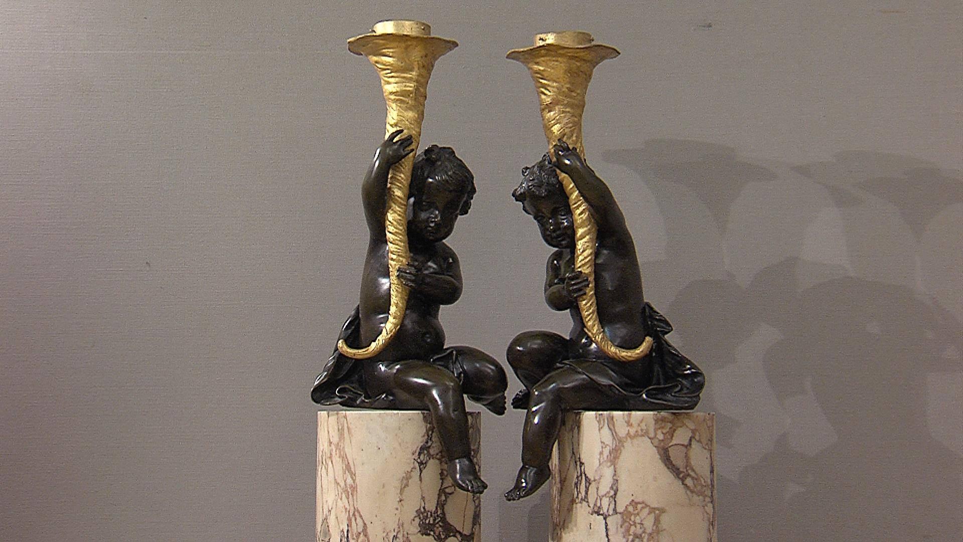 Bronze Putti on Marble Columns, France, Mid-19th Century For Sale 1