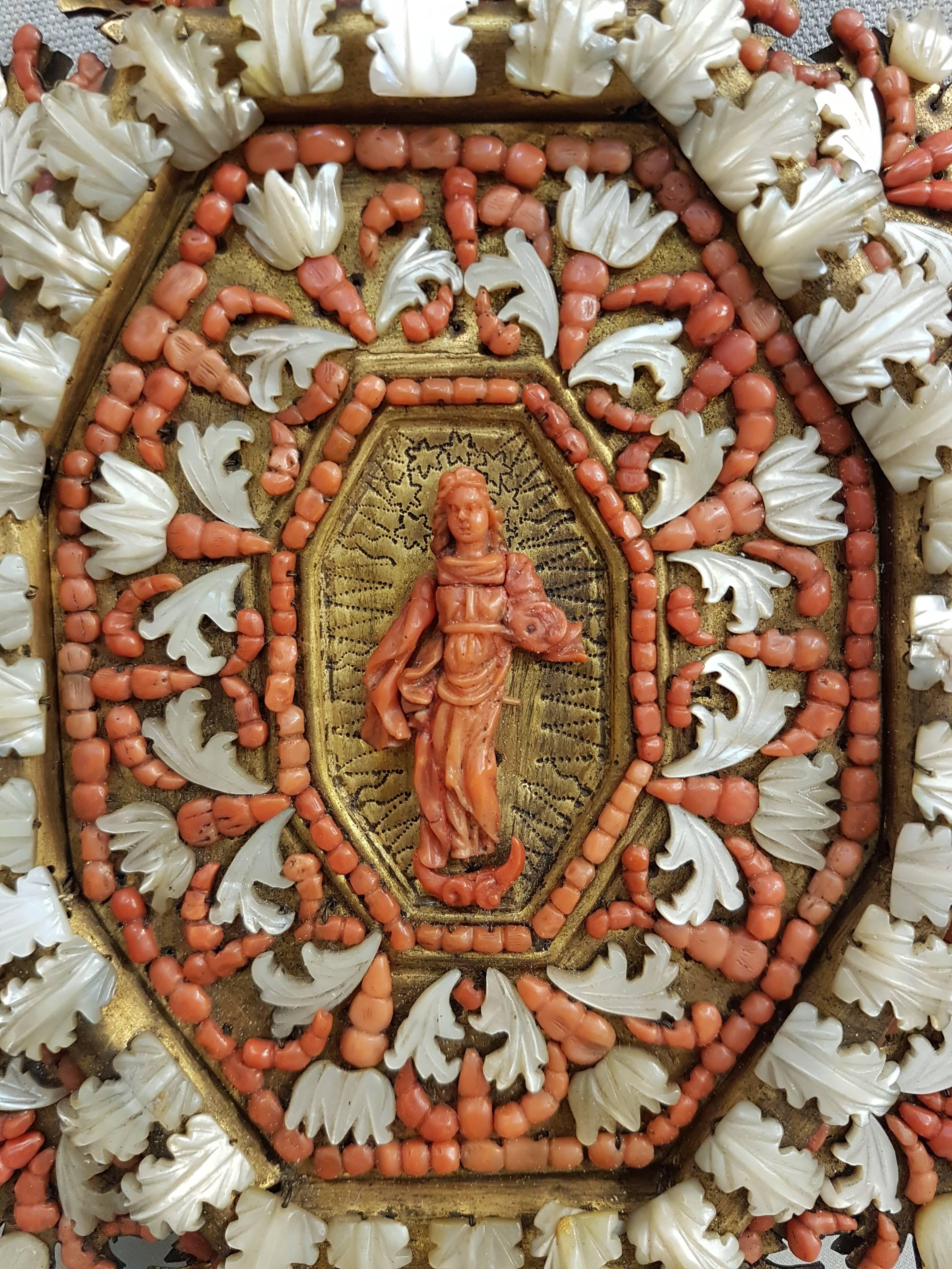 Italian Coral and Mother-of-Pearl Plaque, Trapani, 18th Century For Sale