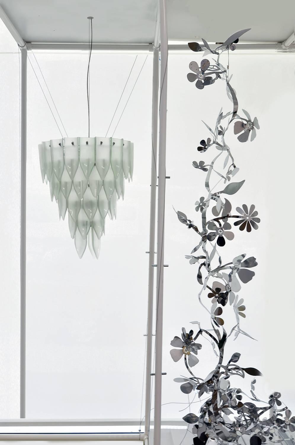 Contemporary Recycled Large Clear Matte Glass Artisanal Transglass Chandelier For Sale