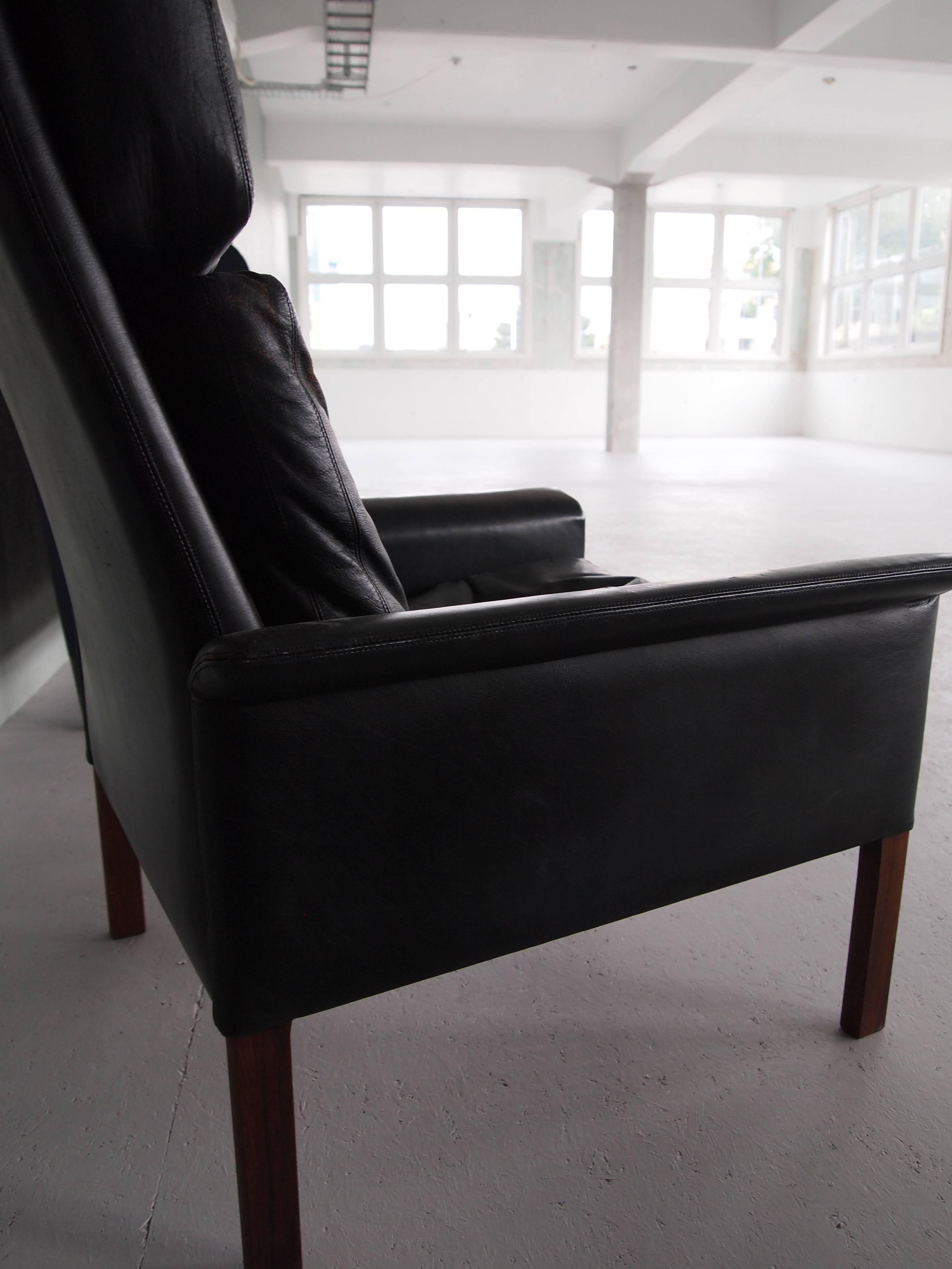 Danish Hans Olsen Vintage Black Leather and Rosewood Chair For Sale