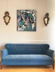 Swedish 1940s Long Buttoned Blue Velvet Sofa