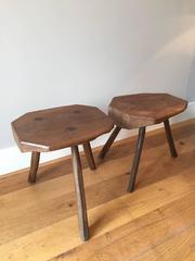 Pair of Primitive Tripod Oak Stools