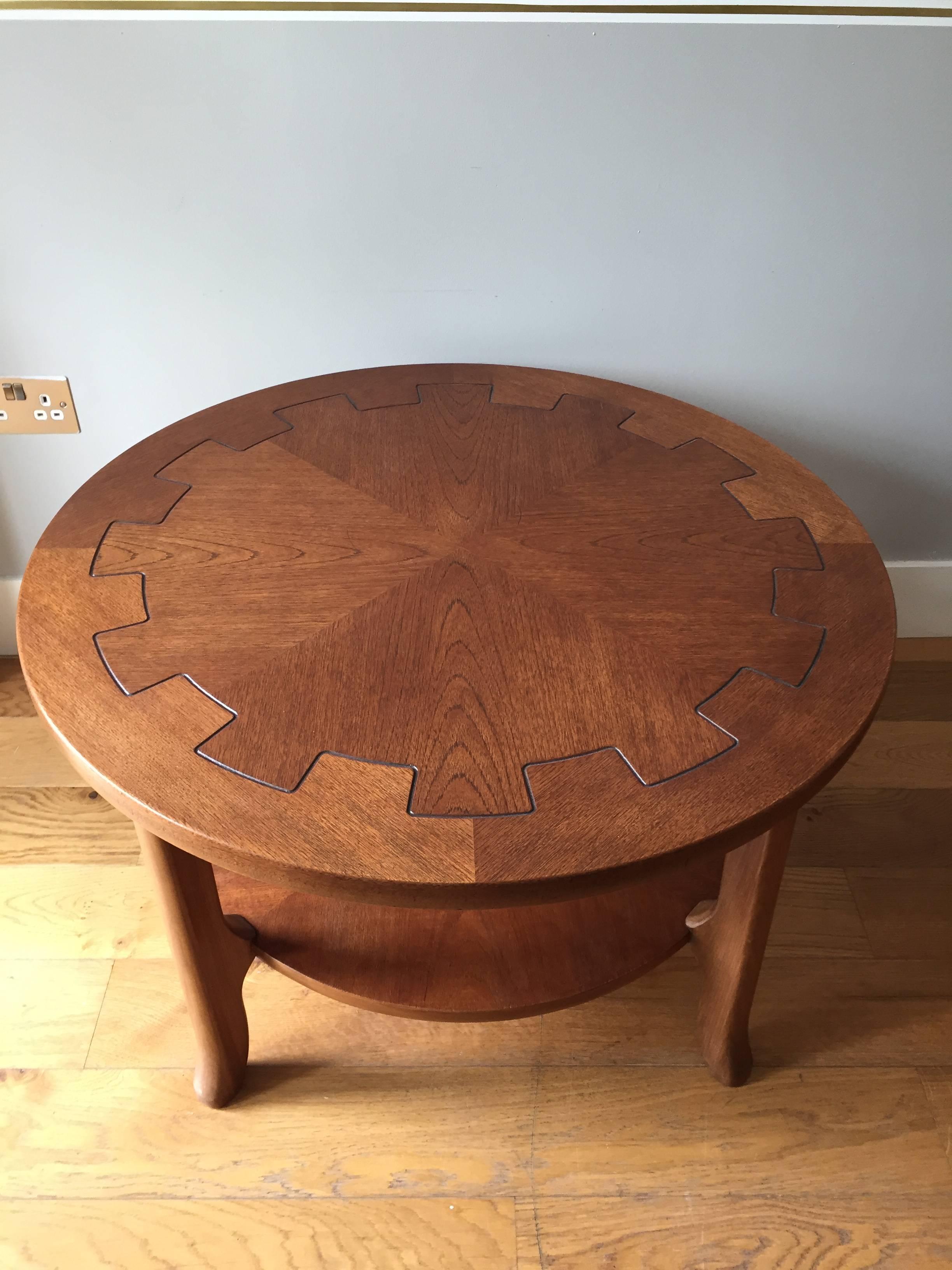 French 1940s Circular Oak and Walnut Two-Tiered Coffee Table 1