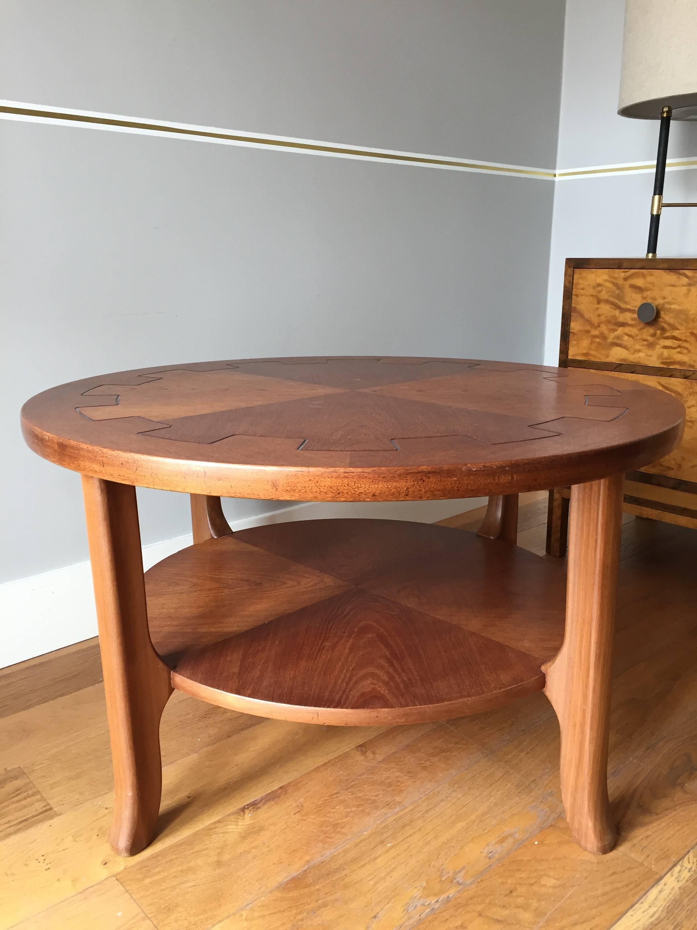 French 1940s Circular Oak and Walnut Two-Tiered Coffee Table 3