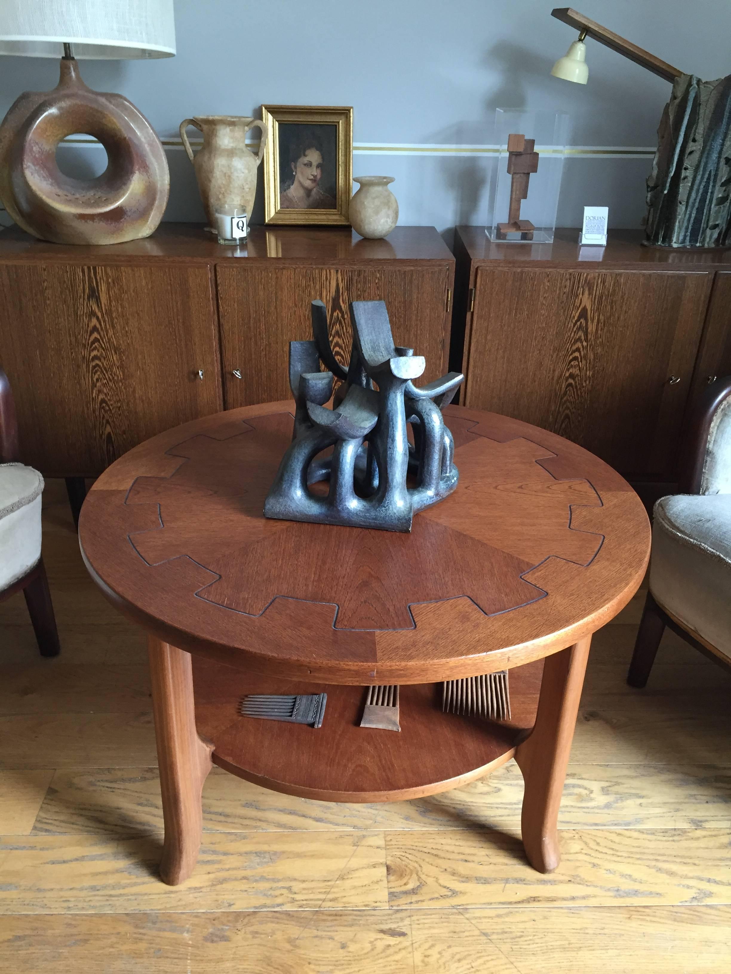 French 1940s Circular Oak and Walnut Two-Tiered Coffee Table 4