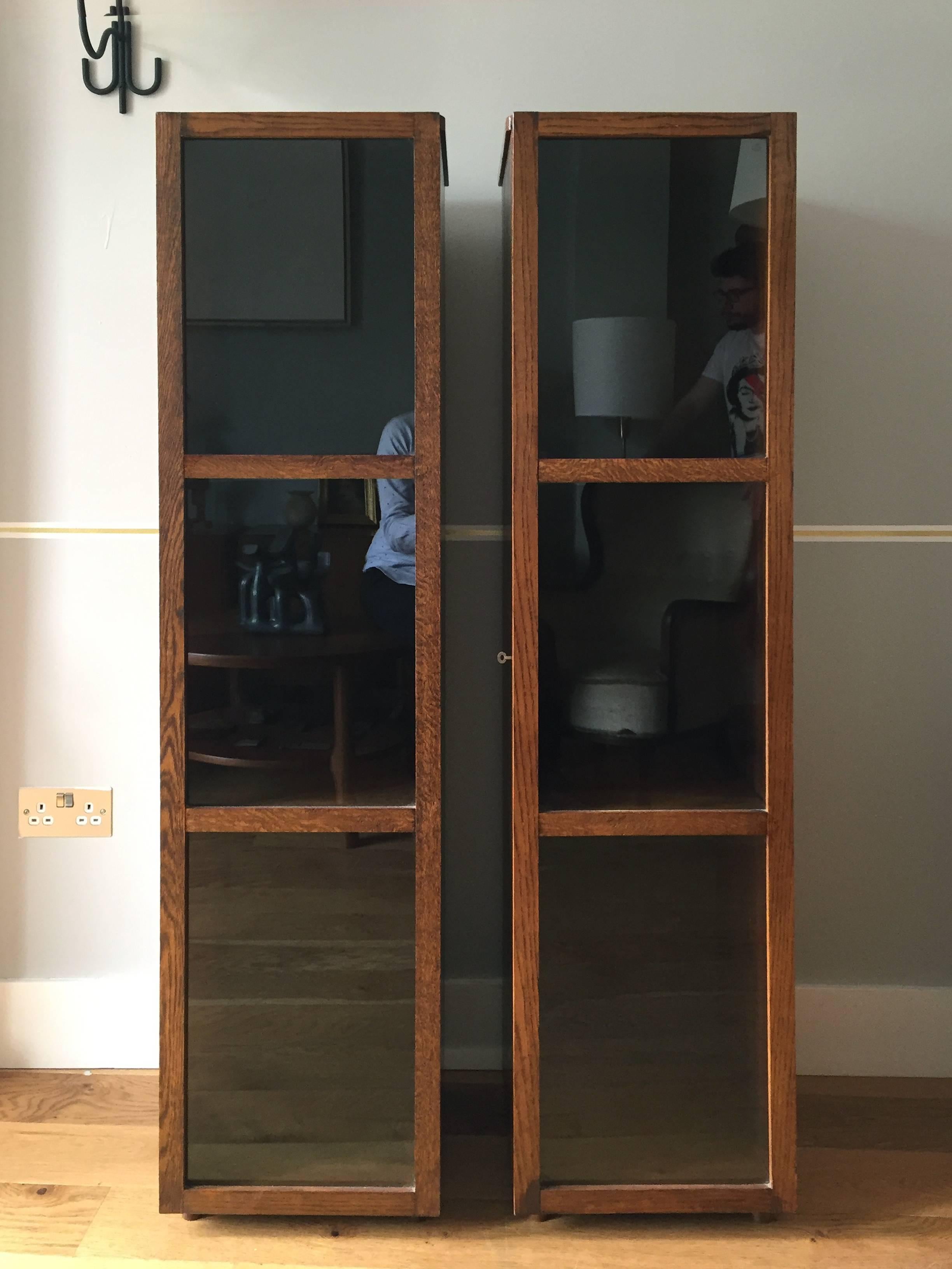 British Pair of 1940s Oak Narrow Bookcases or Display Cabinets